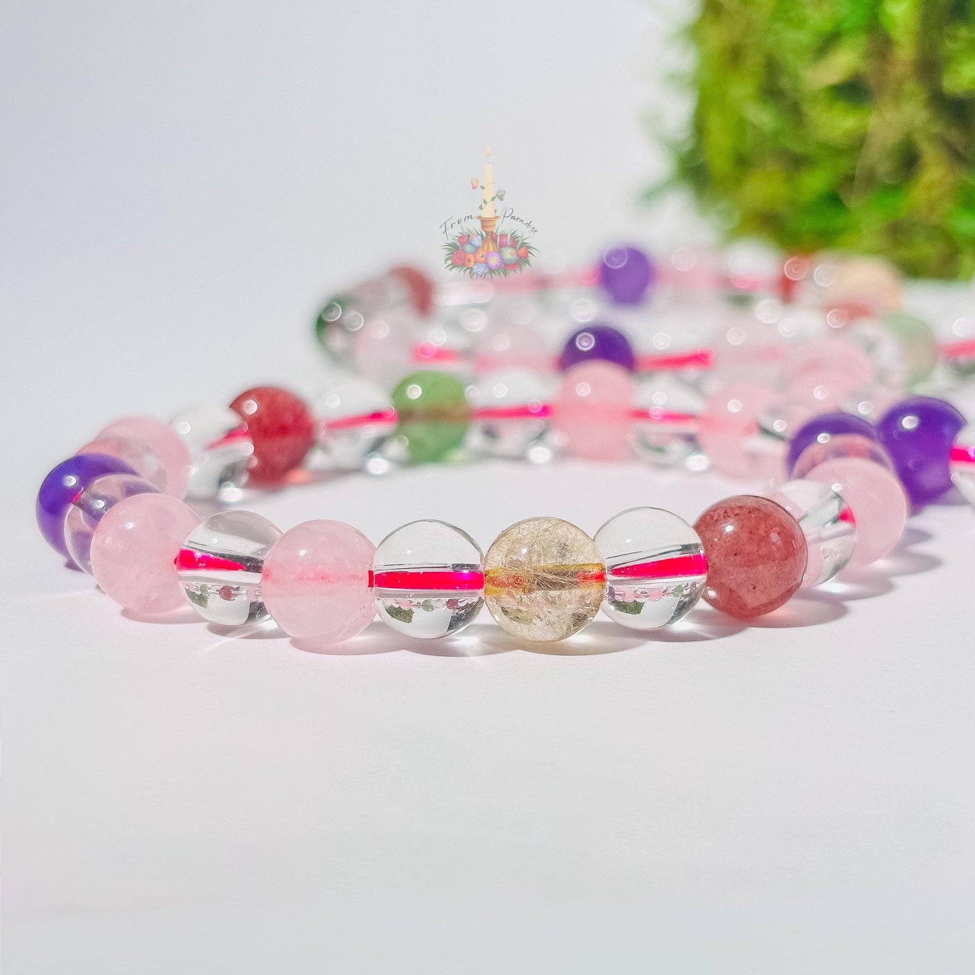 Multi Gemstone Bracelet: Energy of Love & Manifestation | Rose Quartz, Strawberry Quartz, Golden Rutile, Clear Quartz Bead | Crystal Jewelry