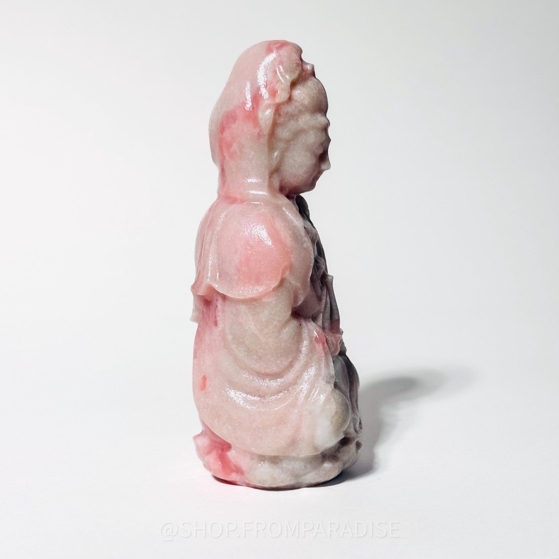 Guanyin Pink Opal Deity Stone Statue: Goddess of Mercy and Compassion