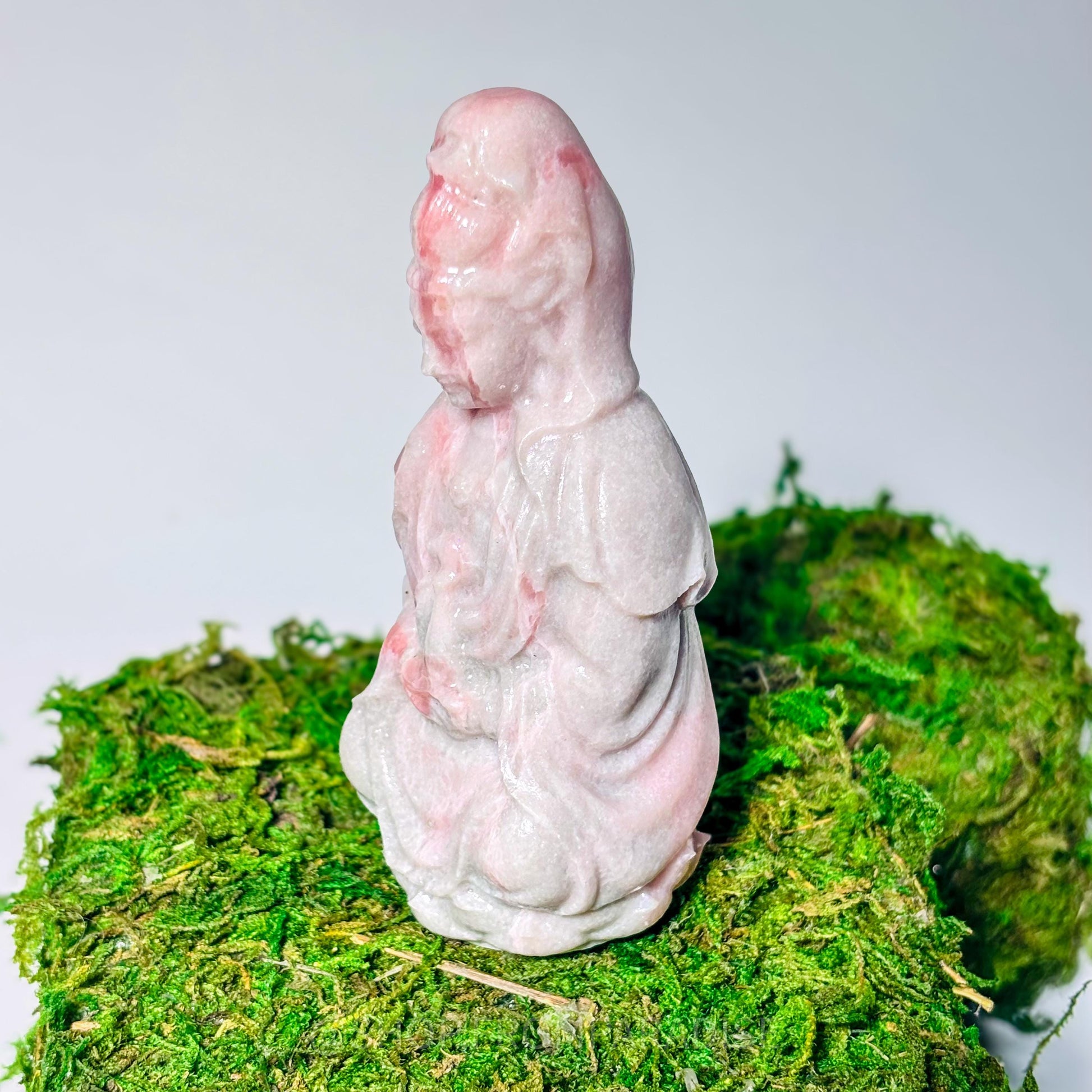 Guanyin Pink Opal Deity Stone Statue: Goddess of Mercy and Compassion