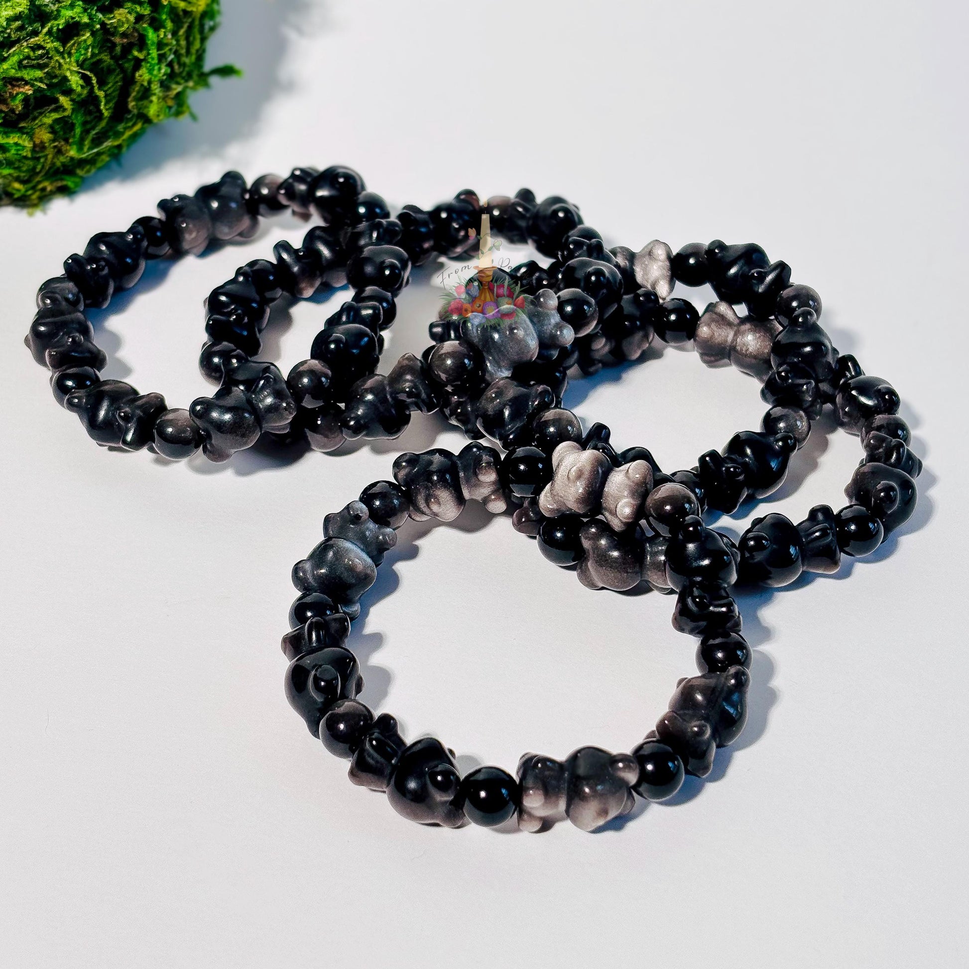 Silver Obsidian Bear Motif Bracelet