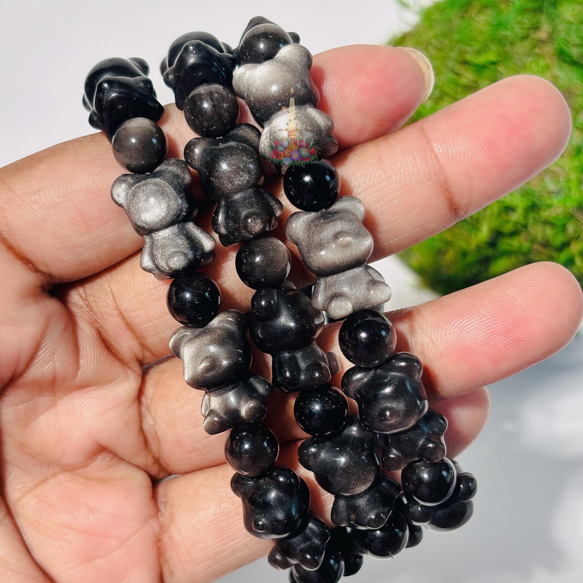 Silver Obsidian Bear Motif Bracelet
