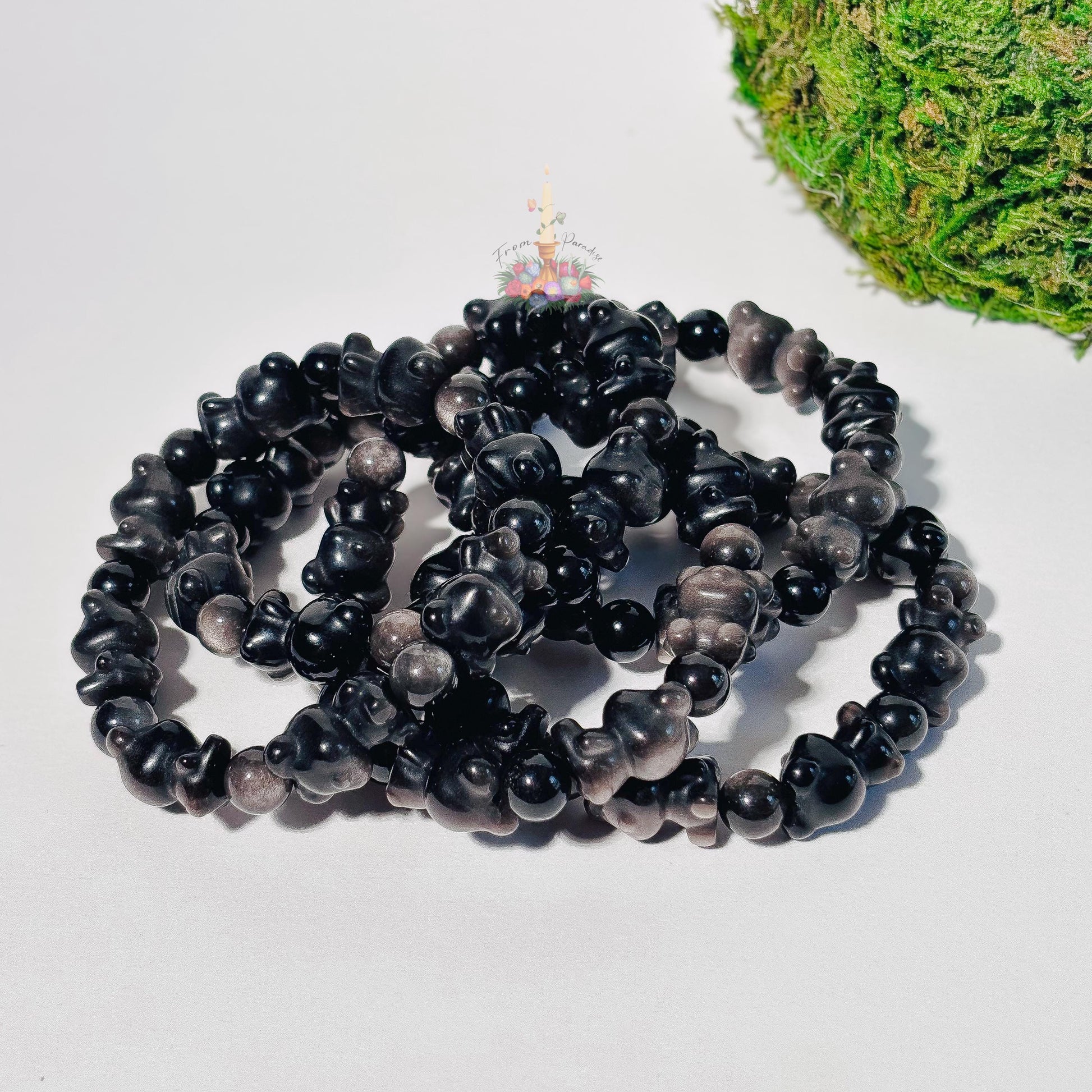 Silver Obsidian Bear Motif Bracelet