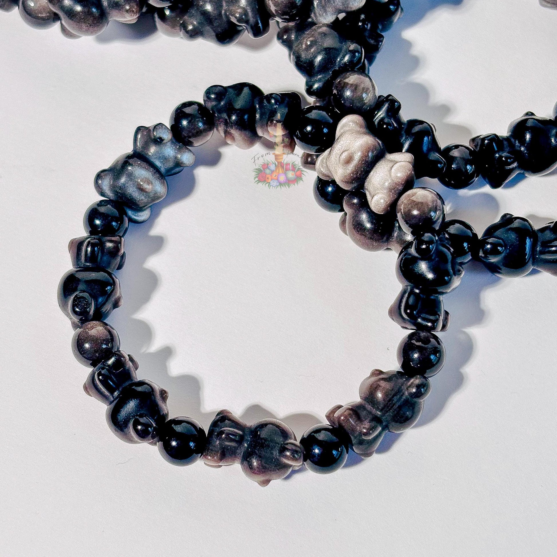 Silver Obsidian Bear Motif Bracelet