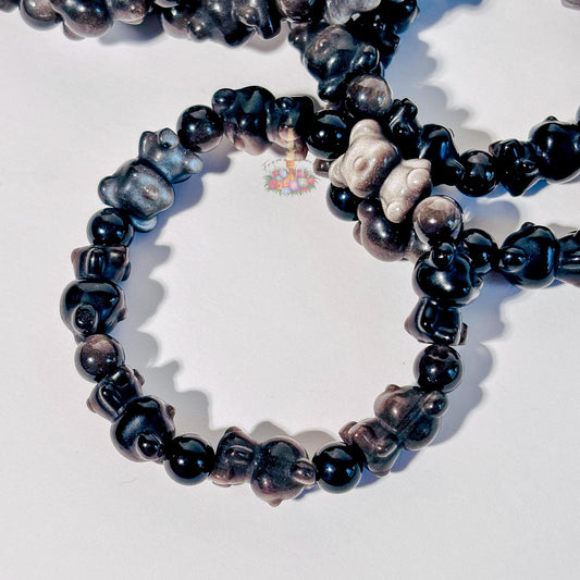 Silver Obsidian Bear Motif Bracelet