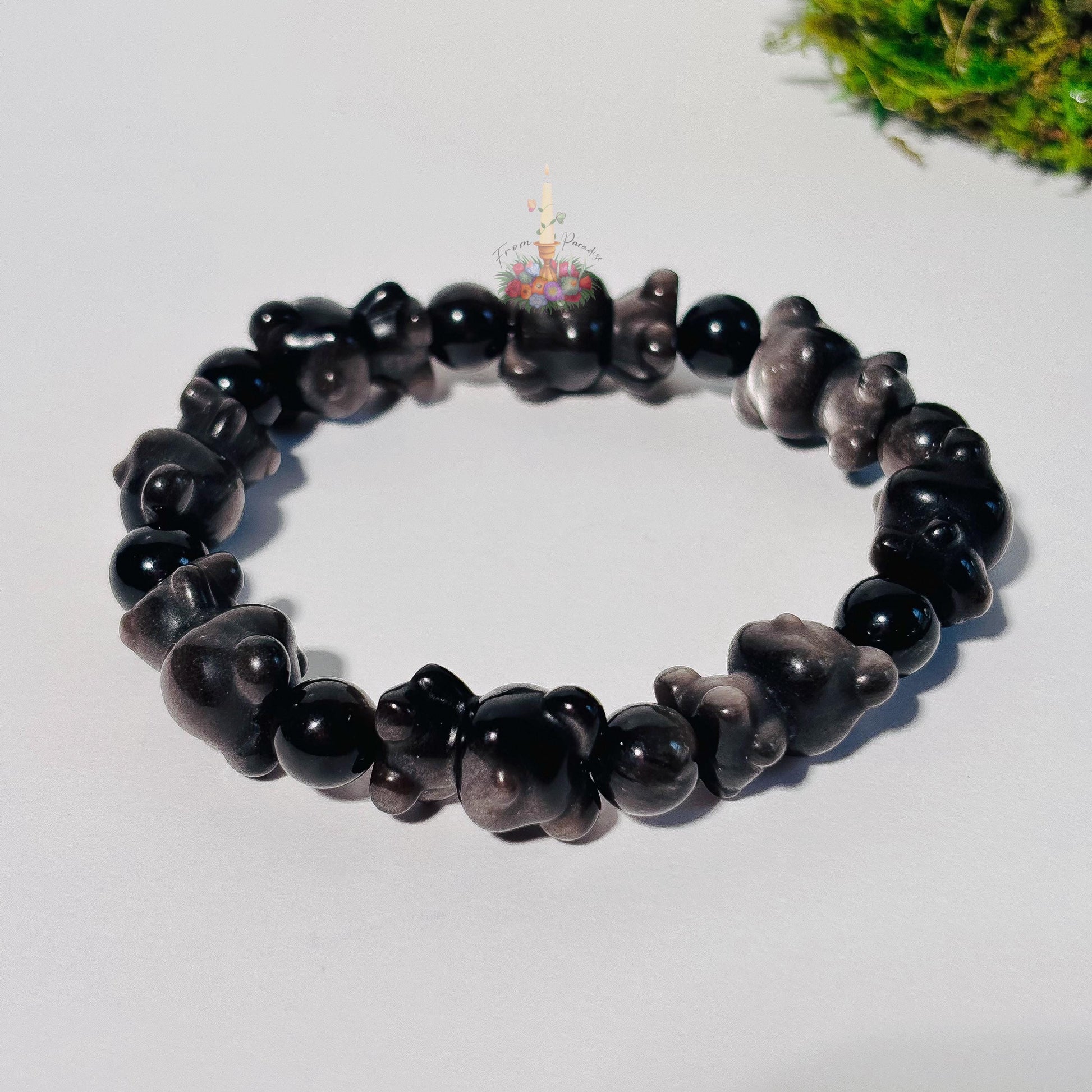 Silver Obsidian Bear Motif Bracelet