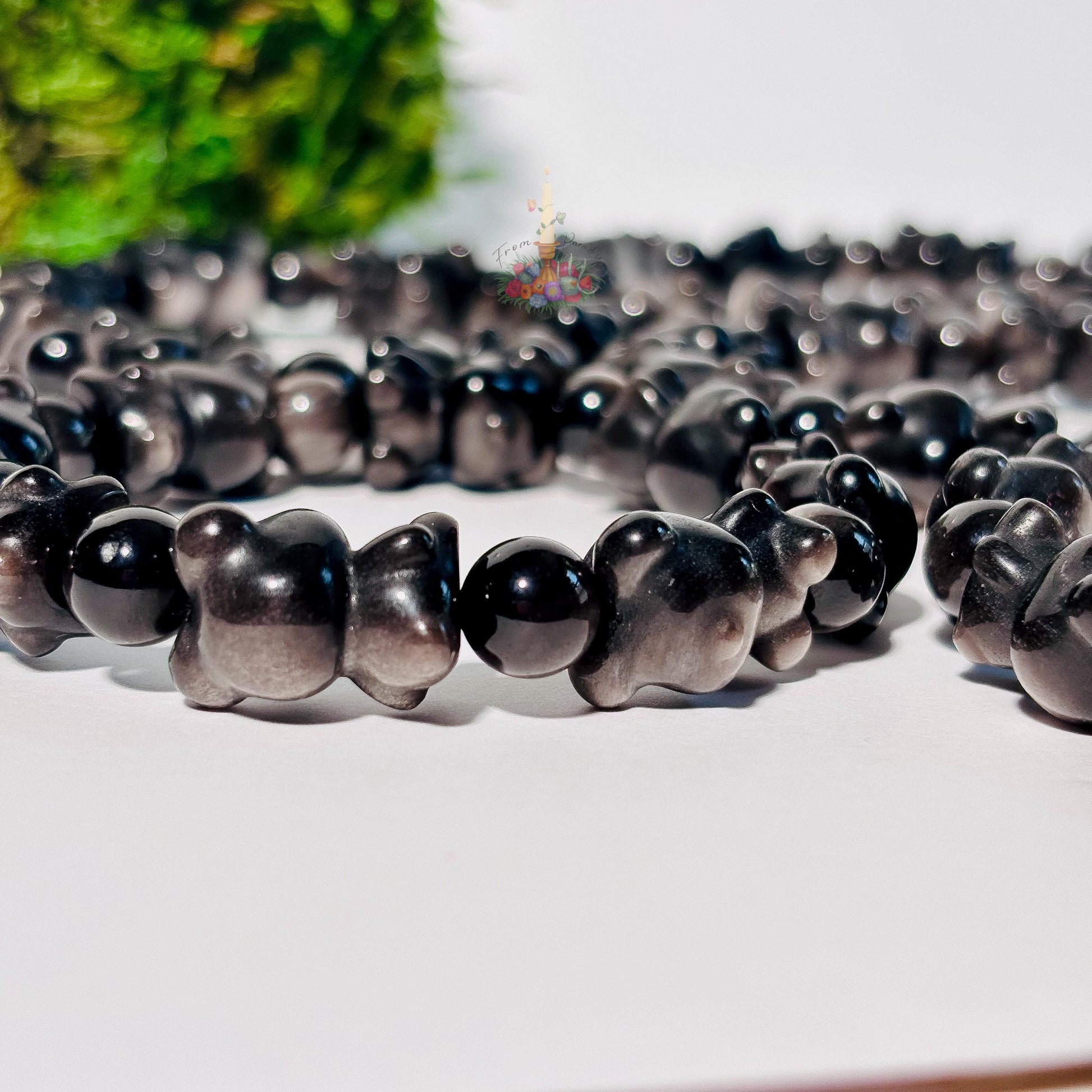 Silver Obsidian Bear Motif Bracelet