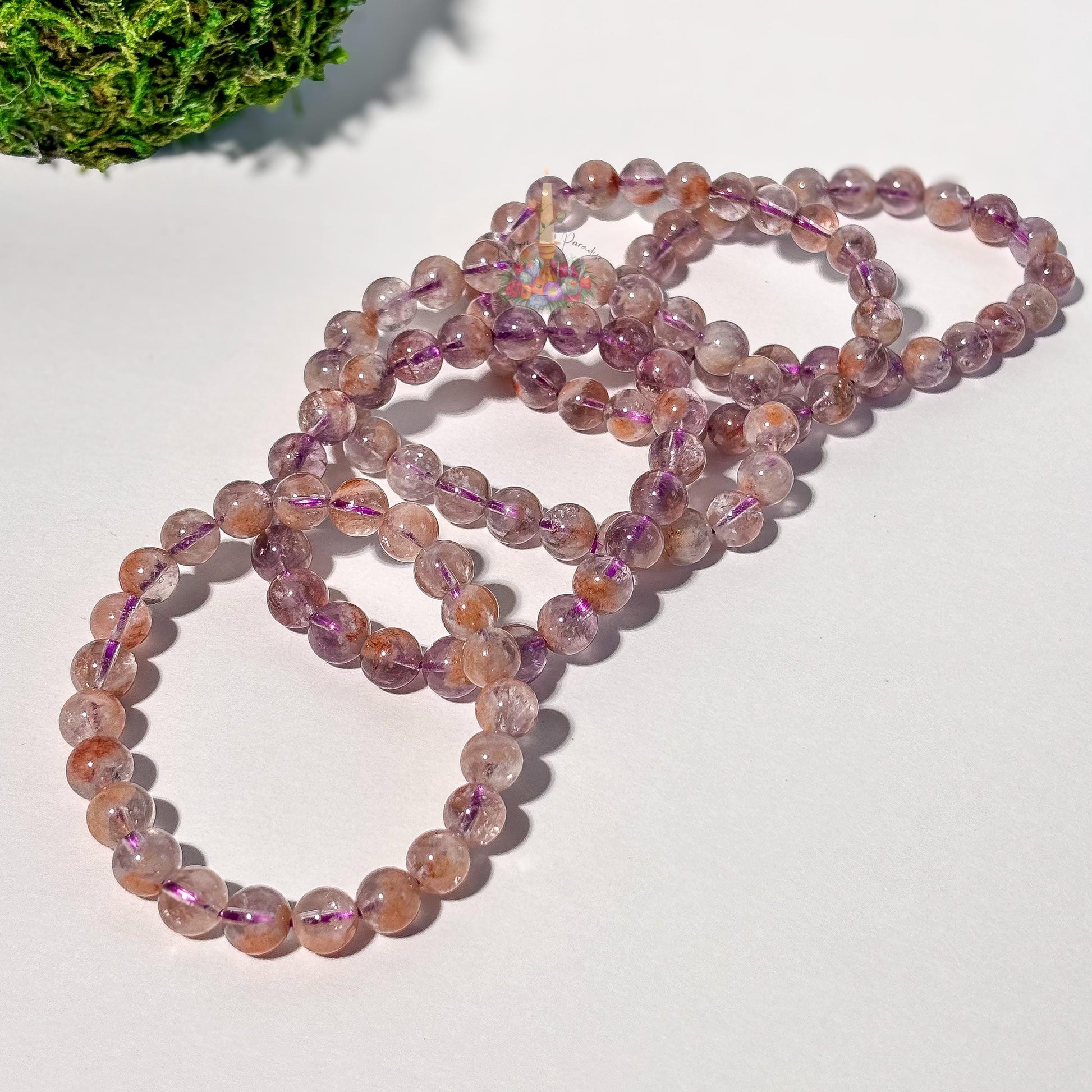 Amethyst Cacoxenite Inclusion Quartz Bracelet | Round Bead Stretch Jewelry