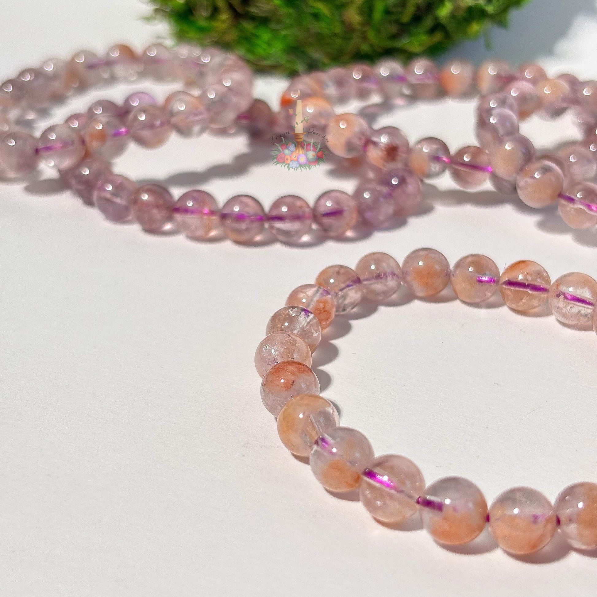 Amethyst Cacoxenite Inclusion Quartz Bracelet | Round Bead Stretch Jewelry
