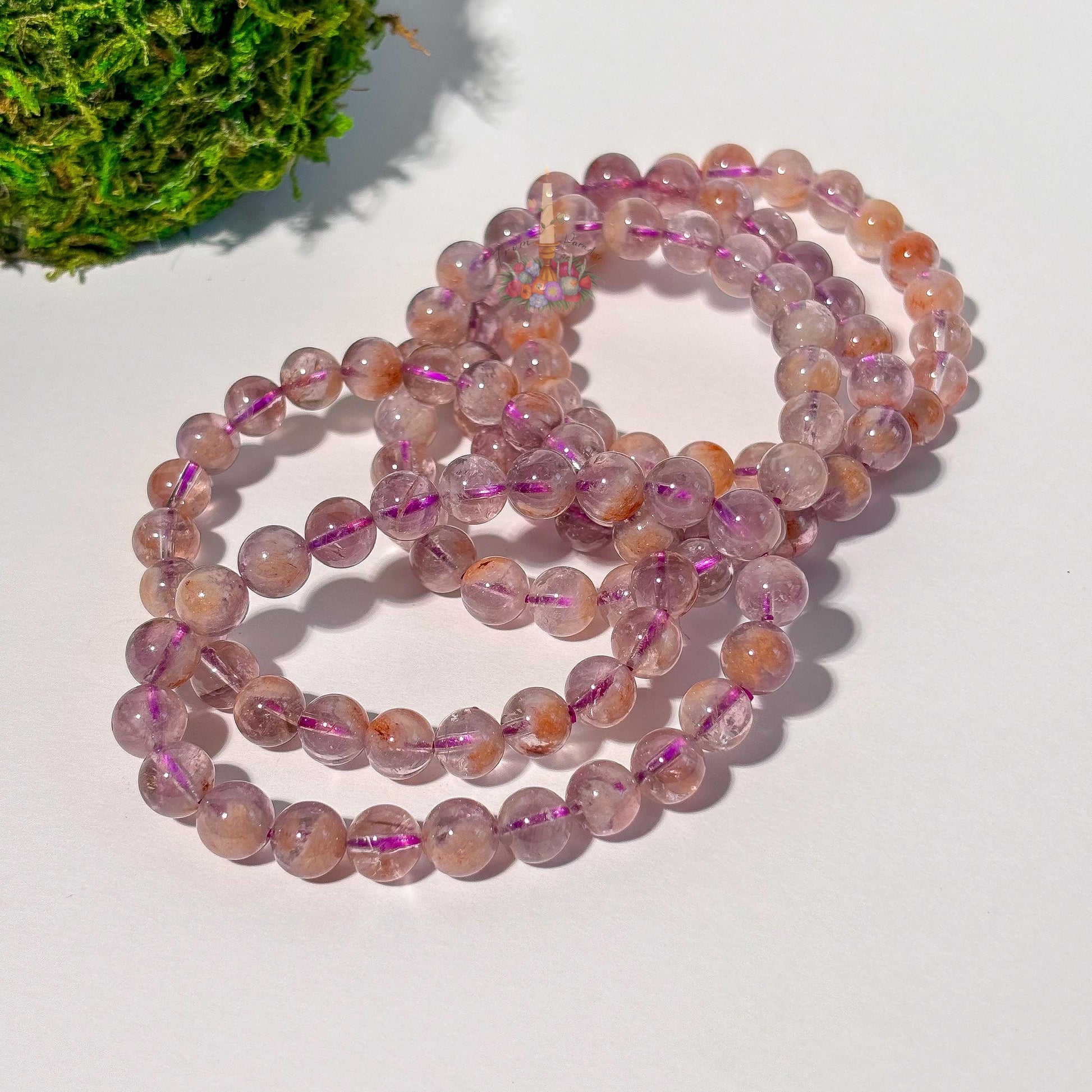 Amethyst Cacoxenite Inclusion Quartz Bracelet | Round Bead Stretch Jewelry