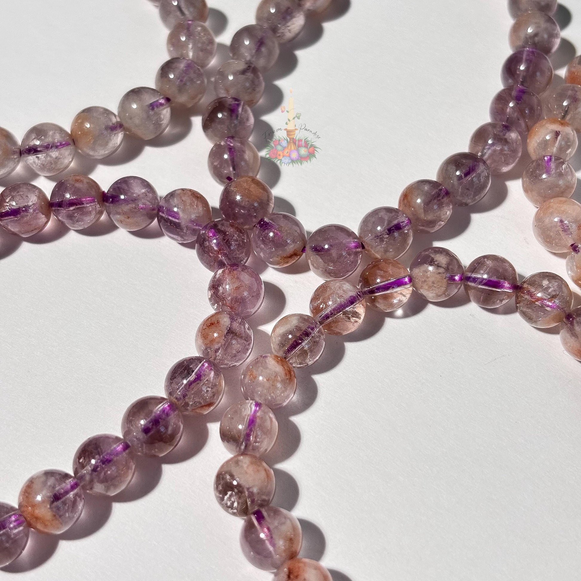 Amethyst Cacoxenite Inclusion Quartz Bracelet | Round Bead Stretch Jewelry