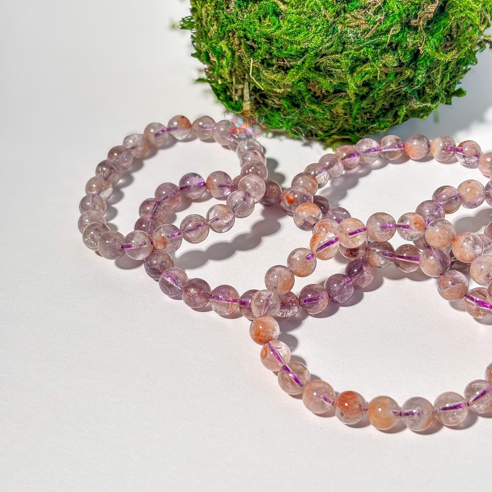 Amethyst Cacoxenite Inclusion Quartz Bracelet | Round Bead Stretch Jewelry