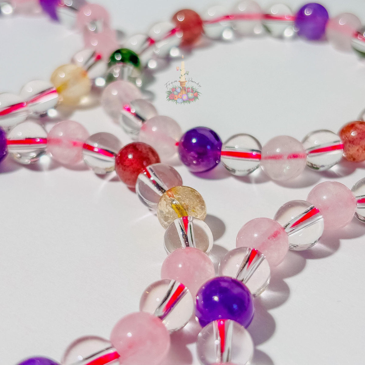 Multi Gemstone Bracelet: Energy of Love & Manifestation | Rose Quartz, Strawberry Quartz, Golden Rutile, Clear Quartz Bead | Crystal Jewelry