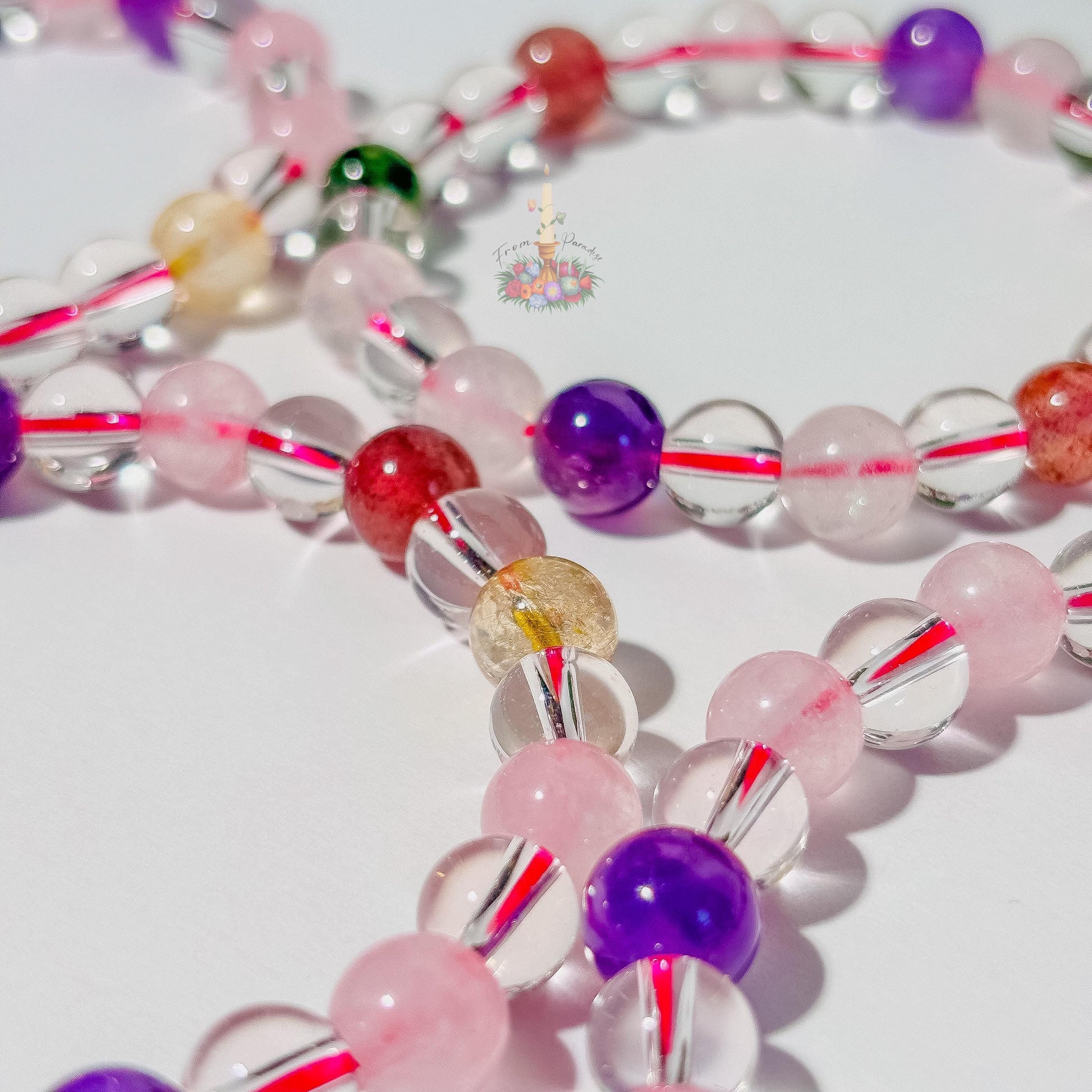 Multi Gemstone Bracelet: Energy of Love & Manifestation | Rose Quartz, Strawberry Quartz, Golden Rutile, Clear Quartz Bead | Crystal Jewelry