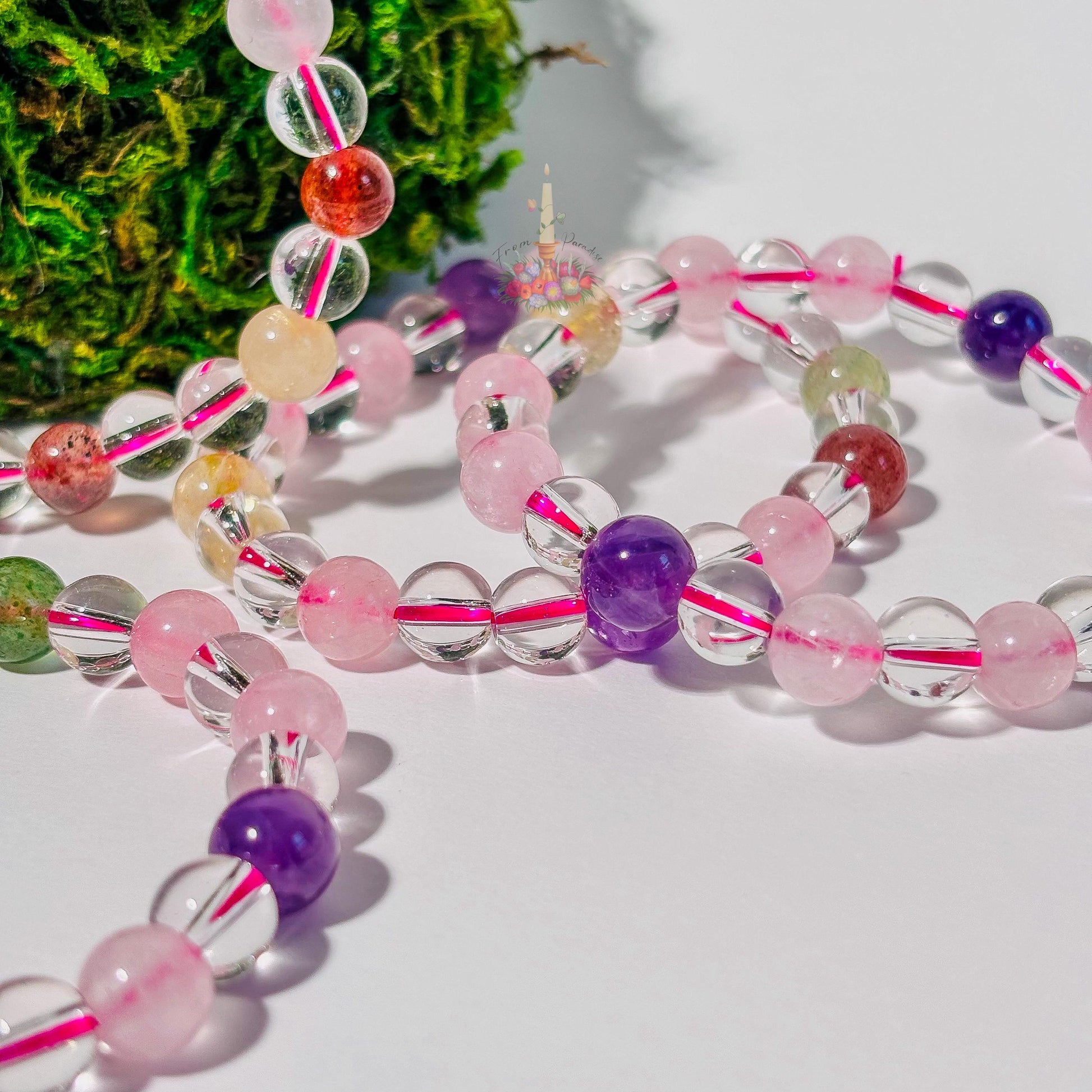 Multi Gemstone Bracelet: Energy of Love & Manifestation | Rose Quartz, Strawberry Quartz, Golden Rutile, Clear Quartz Bead | Crystal Jewelry