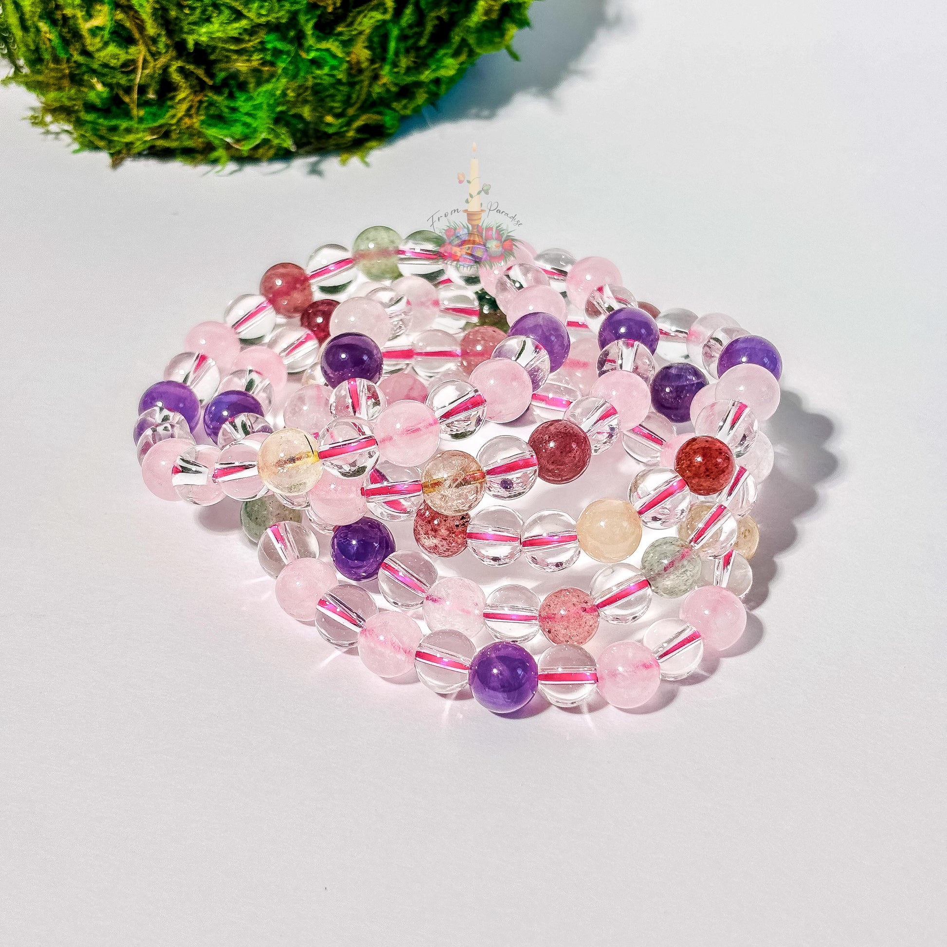 Multi Gemstone Bracelet: Energy of Love & Manifestation | Rose Quartz, Strawberry Quartz, Golden Rutile, Clear Quartz Bead | Crystal Jewelry