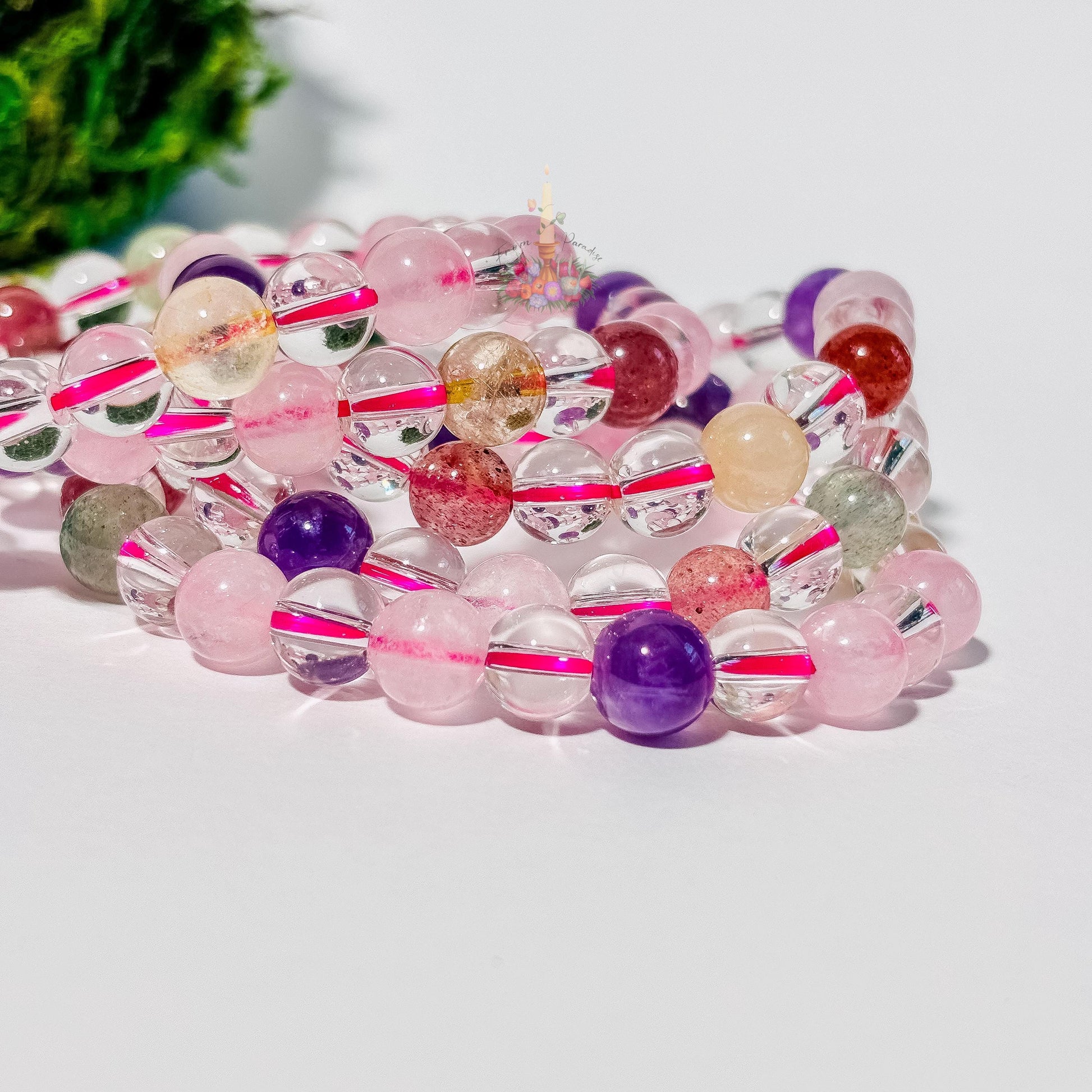 Multi Gemstone Bracelet: Energy of Love & Manifestation | Rose Quartz, Strawberry Quartz, Golden Rutile, Clear Quartz Bead | Crystal Jewelry