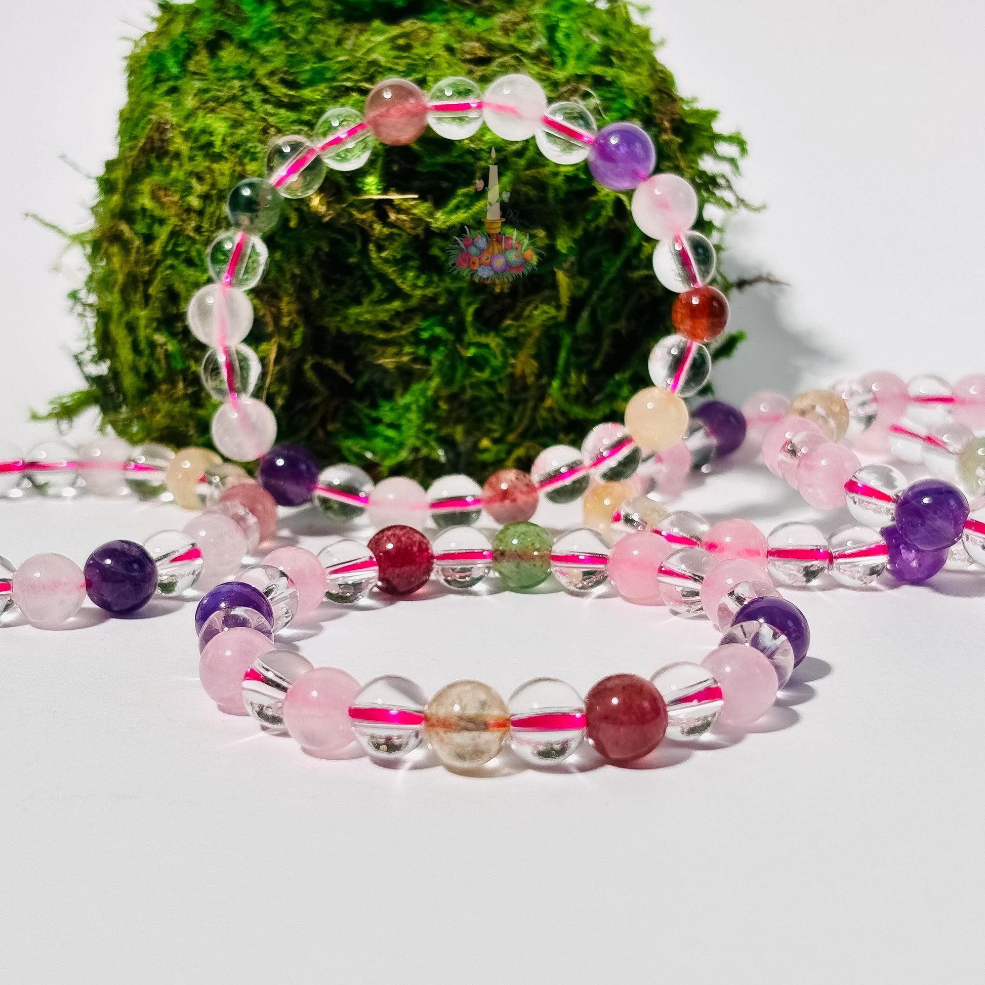 Multi Gemstone Bracelet: Energy of Love & Manifestation | Rose Quartz, Strawberry Quartz, Golden Rutile, Clear Quartz Bead | Crystal Jewelry
