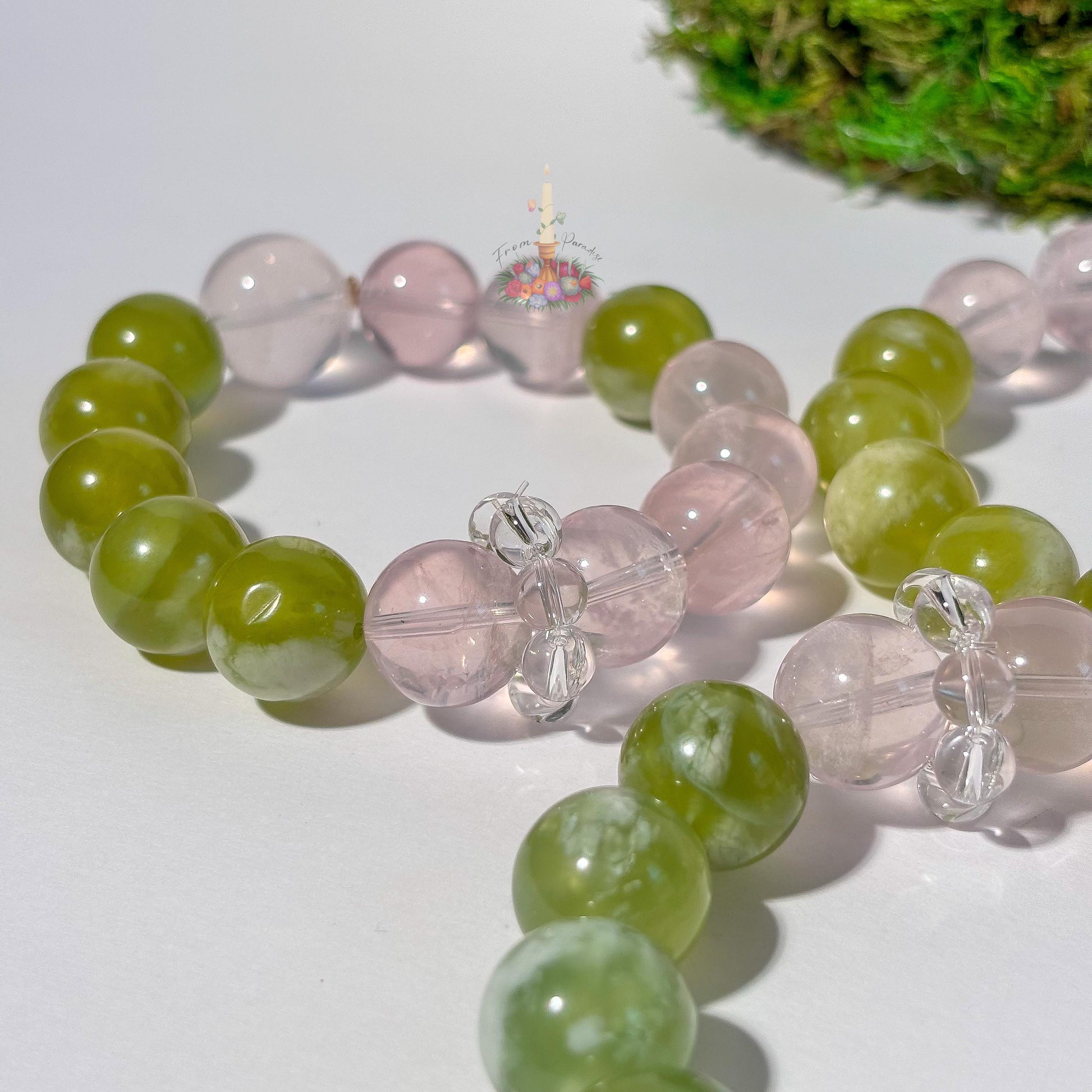 Gemstone Bracelet | Serpentine + Rose Quartz | Crystal Jewelry for Love and Balance