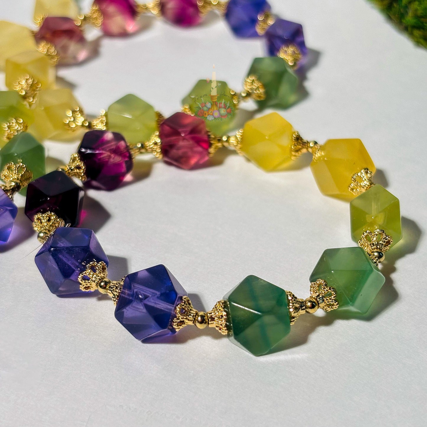Multicolor Fluorite Bracelet with Gold Accent | Faceted Fluorite Gemstone Bracelet | Purple Green Yellow Fluorite Jewelry | Crystal Bracelet