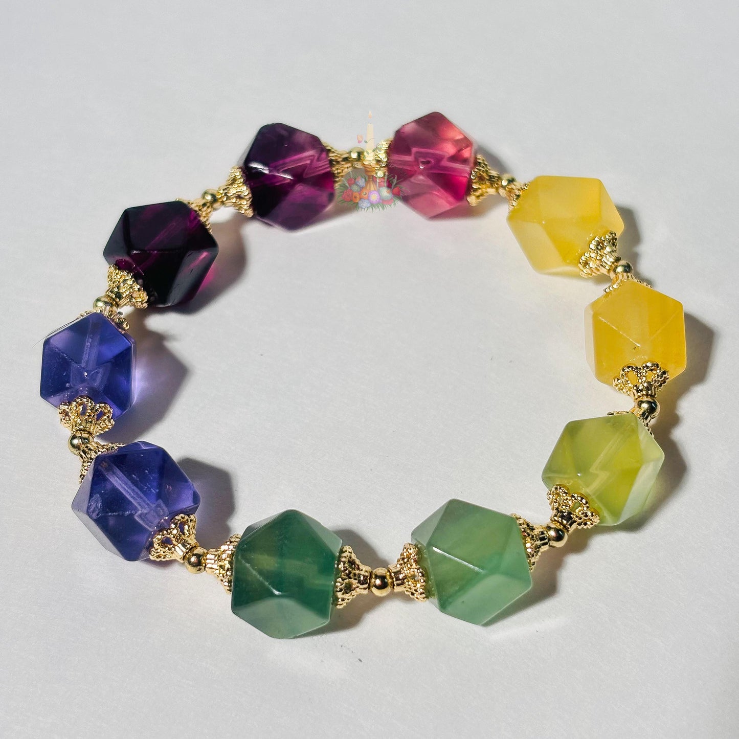 Multicolor Fluorite Bracelet with Gold Accent | Faceted Fluorite Gemstone Bracelet | Purple Green Yellow Fluorite Jewelry | Crystal Bracelet