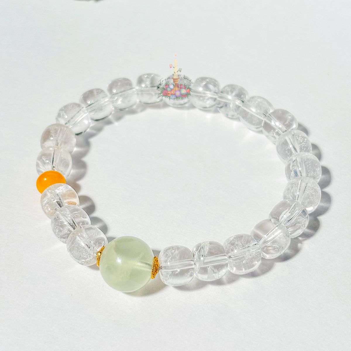 Clear Quartz Prehnite Bracelet with Gold Accents | Quartz Prehnite Honey Resin Crystal Bracelet | Gemstone Jewelry