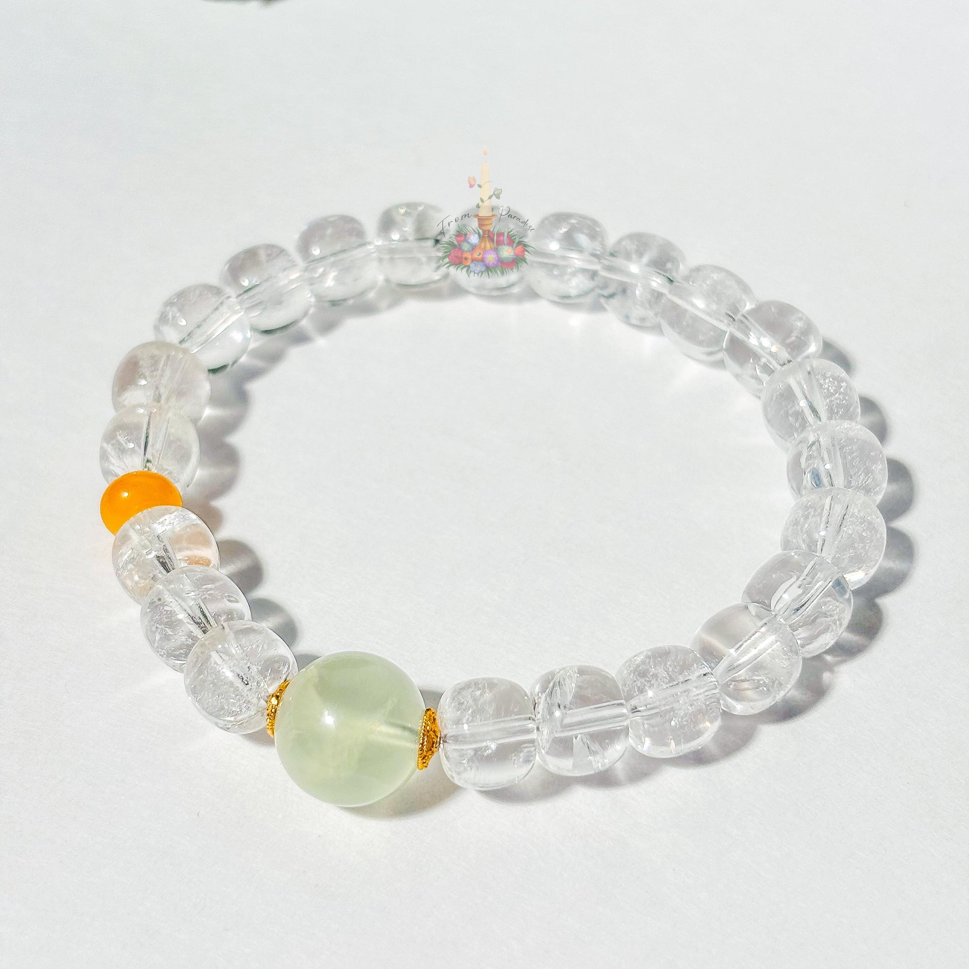 Clear Quartz Prehnite Bracelet with Gold Accents | Quartz Prehnite Honey Resin Crystal Bracelet | Gemstone Jewelry