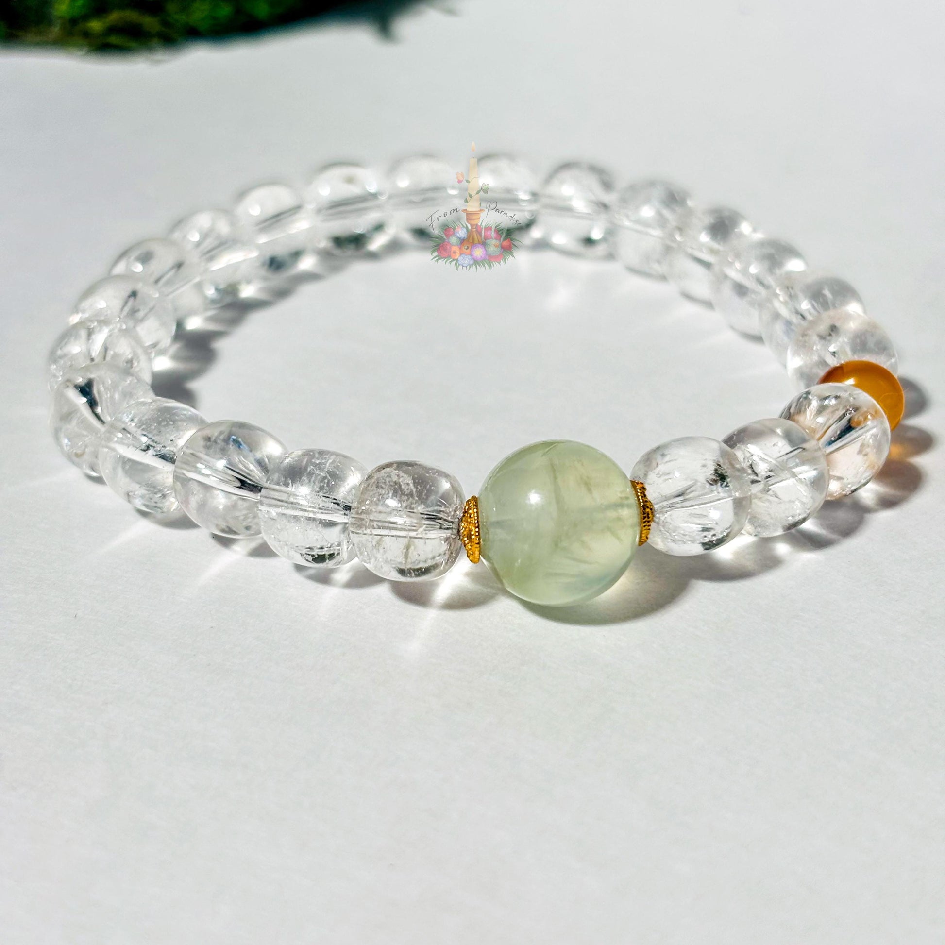 Clear Quartz Prehnite Bracelet with Gold Accents | Quartz Prehnite Honey Resin Crystal Bracelet | Gemstone Jewelry