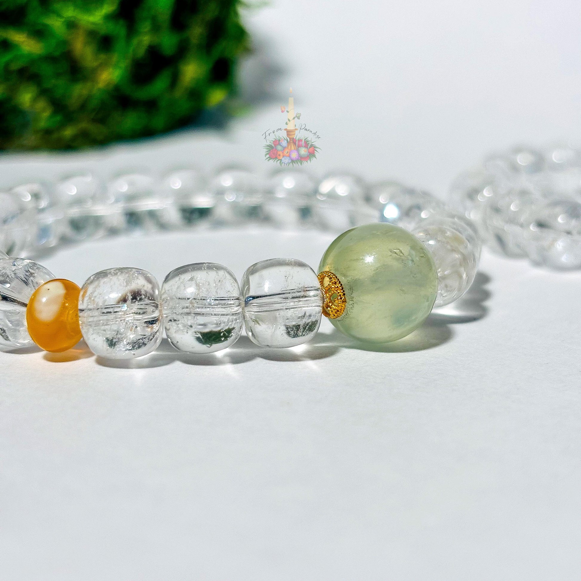 Clear Quartz Prehnite Bracelet with Gold Accents | Quartz Prehnite Honey Resin Crystal Bracelet | Gemstone Jewelry