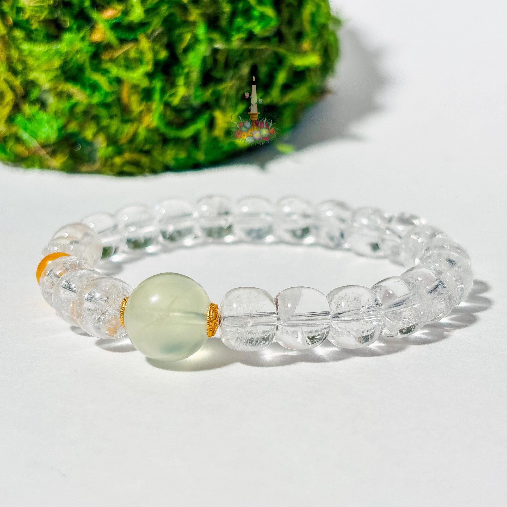 Clear Quartz Prehnite Bracelet with Gold Accents | Quartz Prehnite Honey Resin Crystal Bracelet | Gemstone Jewelry