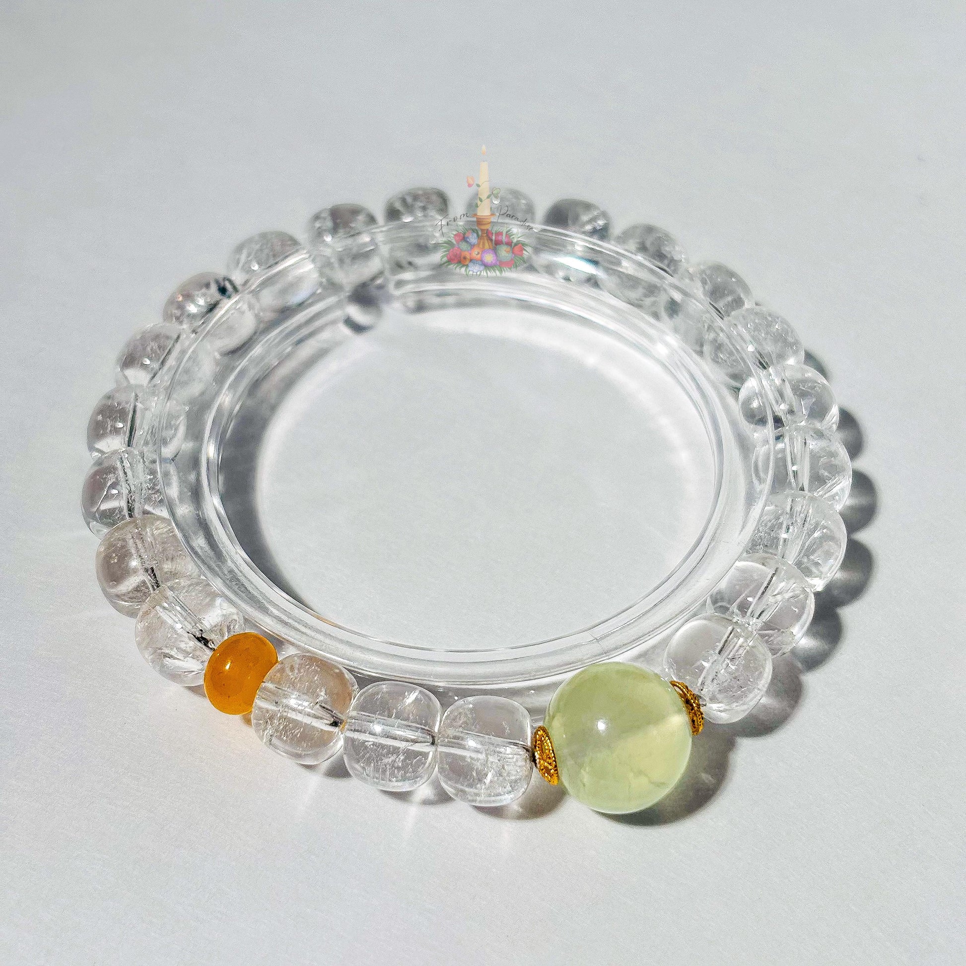 Clear Quartz Prehnite Bracelet with Gold Accents | Quartz Prehnite Honey Resin Crystal Bracelet | Gemstone Jewelry