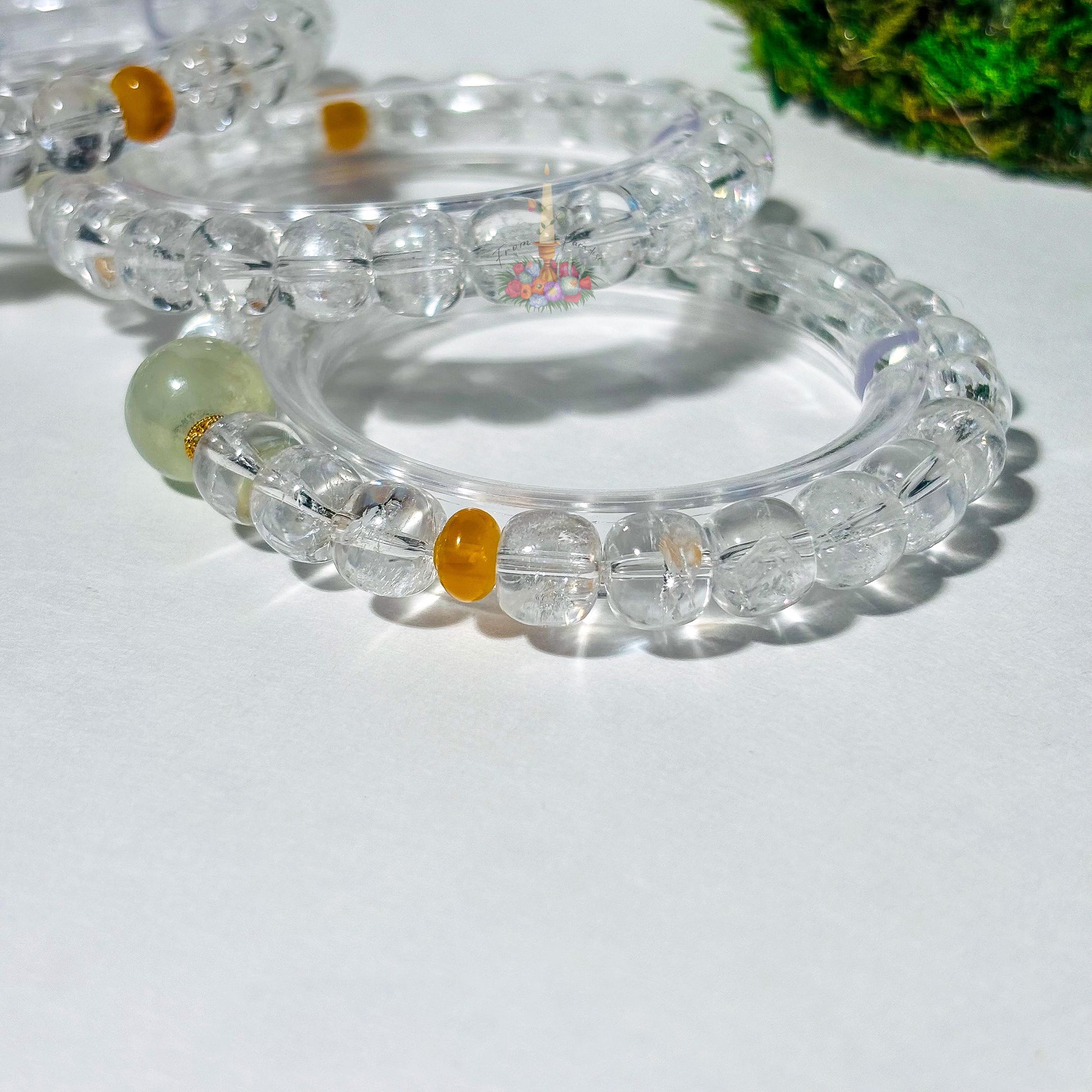 Clear Quartz Prehnite Bracelet with Gold Accents | Quartz Prehnite Honey Resin Crystal Bracelet | Gemstone Jewelry