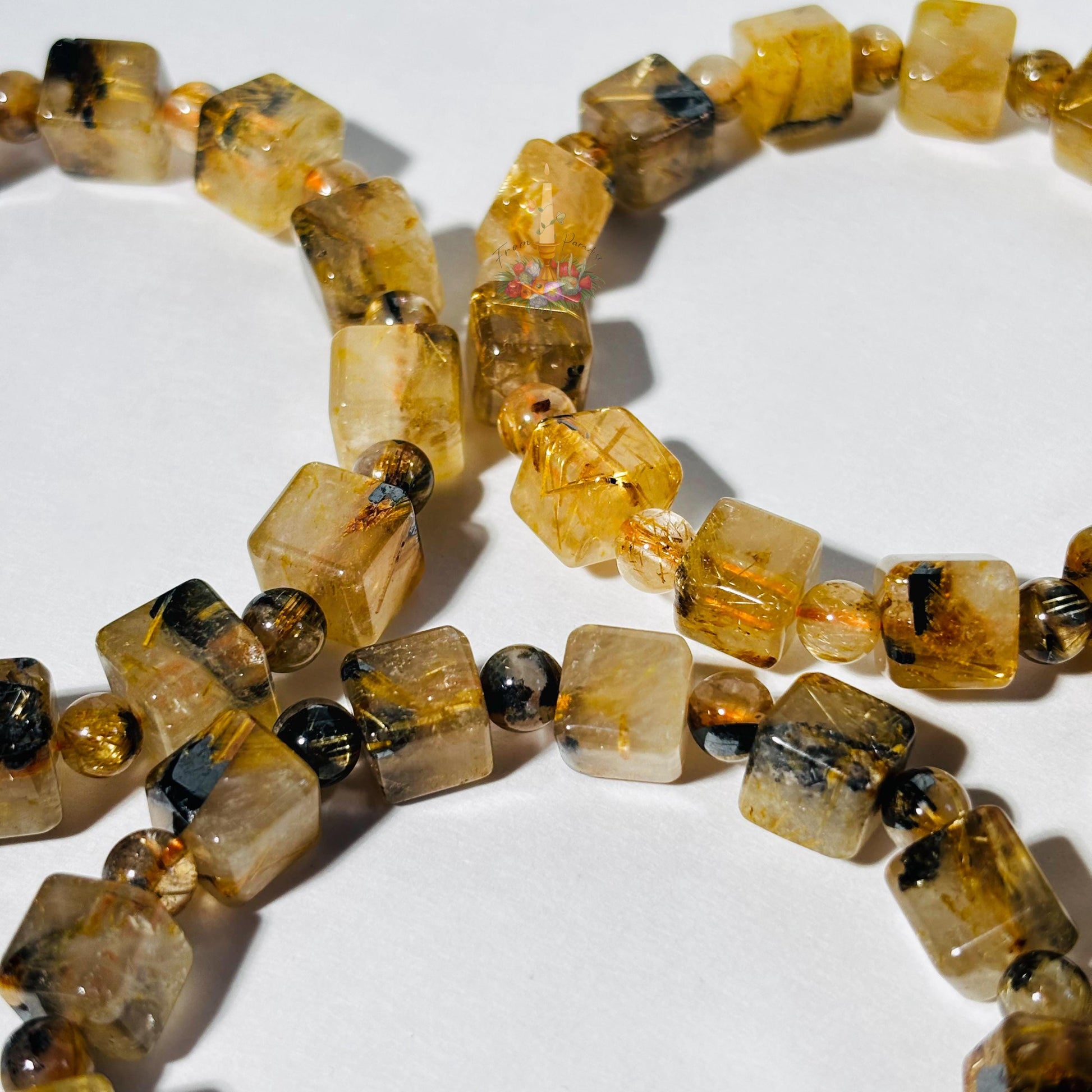 Starburst Rutile Quartz Bracelet | Gold Rutile with Hematite Cube Crystal Bracelet | Rutilated Quartz and Hematite | Stone for Awareness