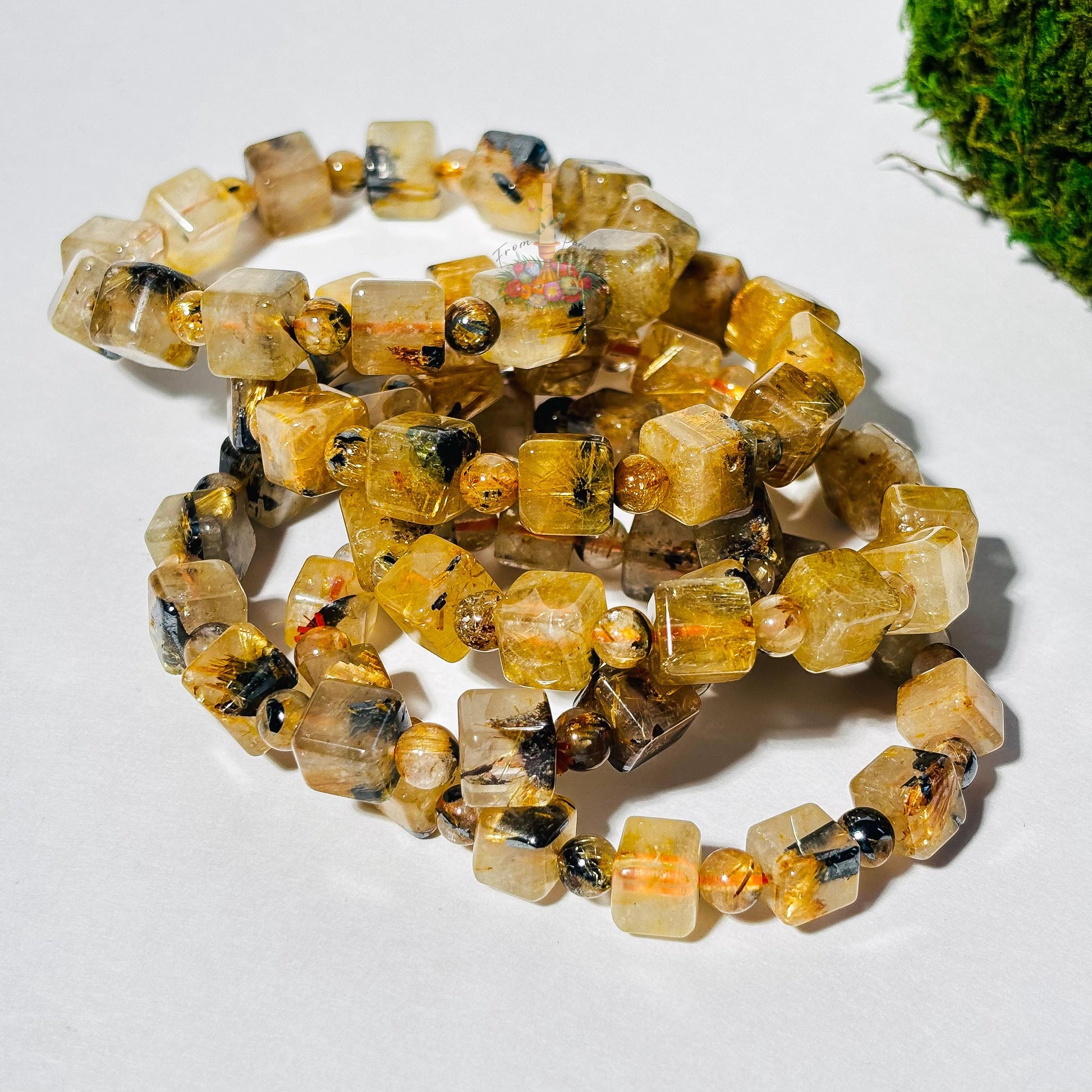 Starburst Rutile Quartz Bracelet | Gold Rutile with Hematite Cube Crystal Bracelet | Rutilated Quartz and Hematite | Stone for Awareness