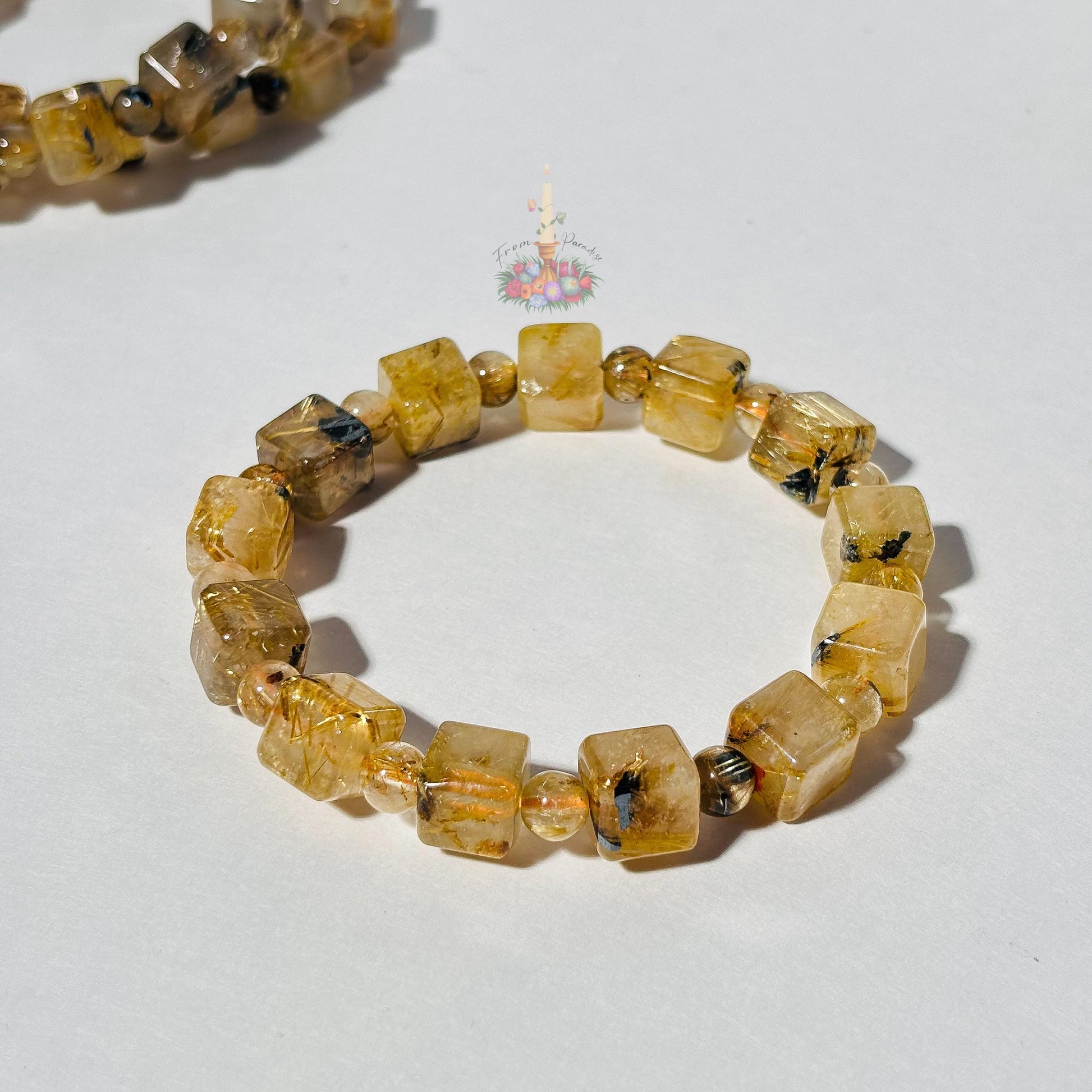 Starburst Rutile Quartz Bracelet | Gold Rutile with Hematite Cube Crystal Bracelet | Rutilated Quartz and Hematite | Stone for Awareness