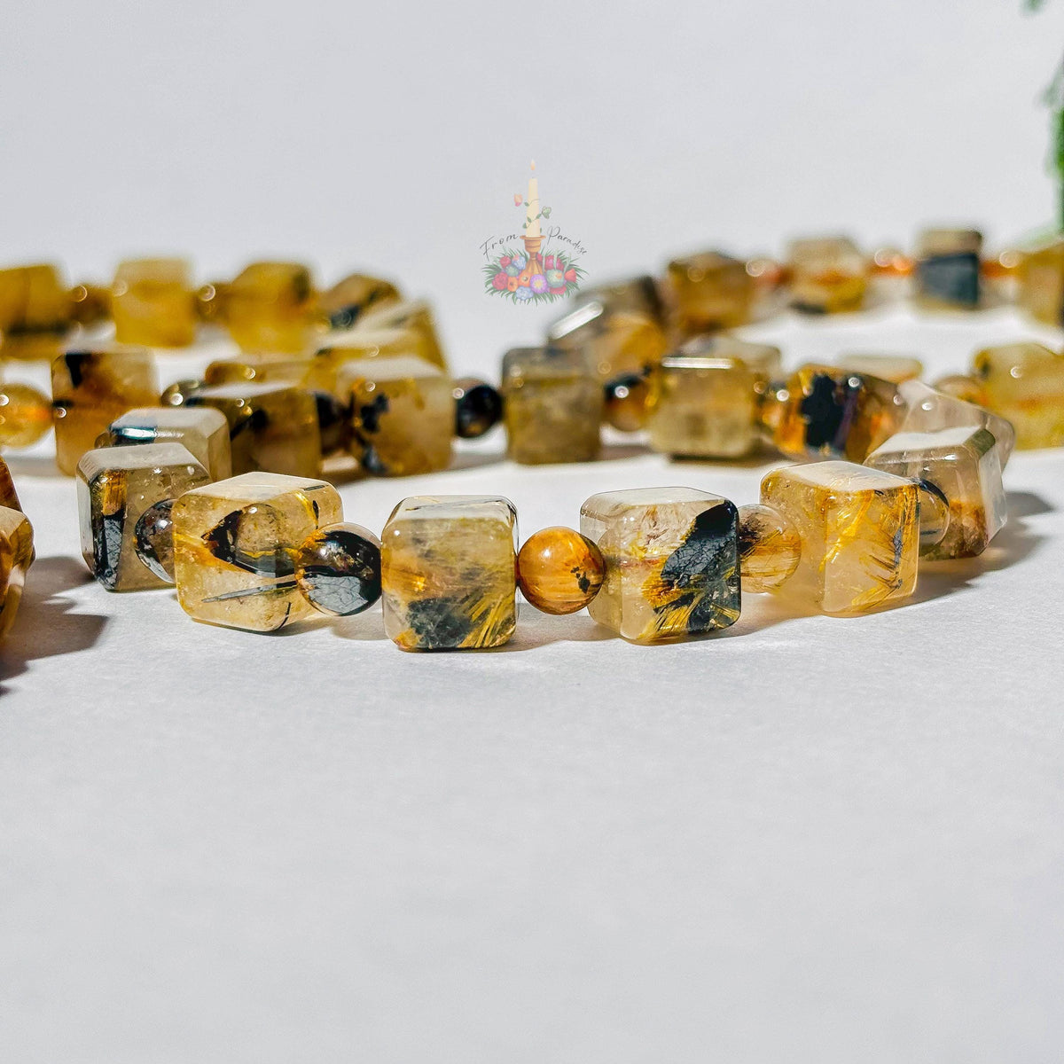 Starburst Rutile Quartz Bracelet | Gold Rutile with Hematite Cube Crystal Bracelet | Rutilated Quartz and Hematite | Stone for Awareness