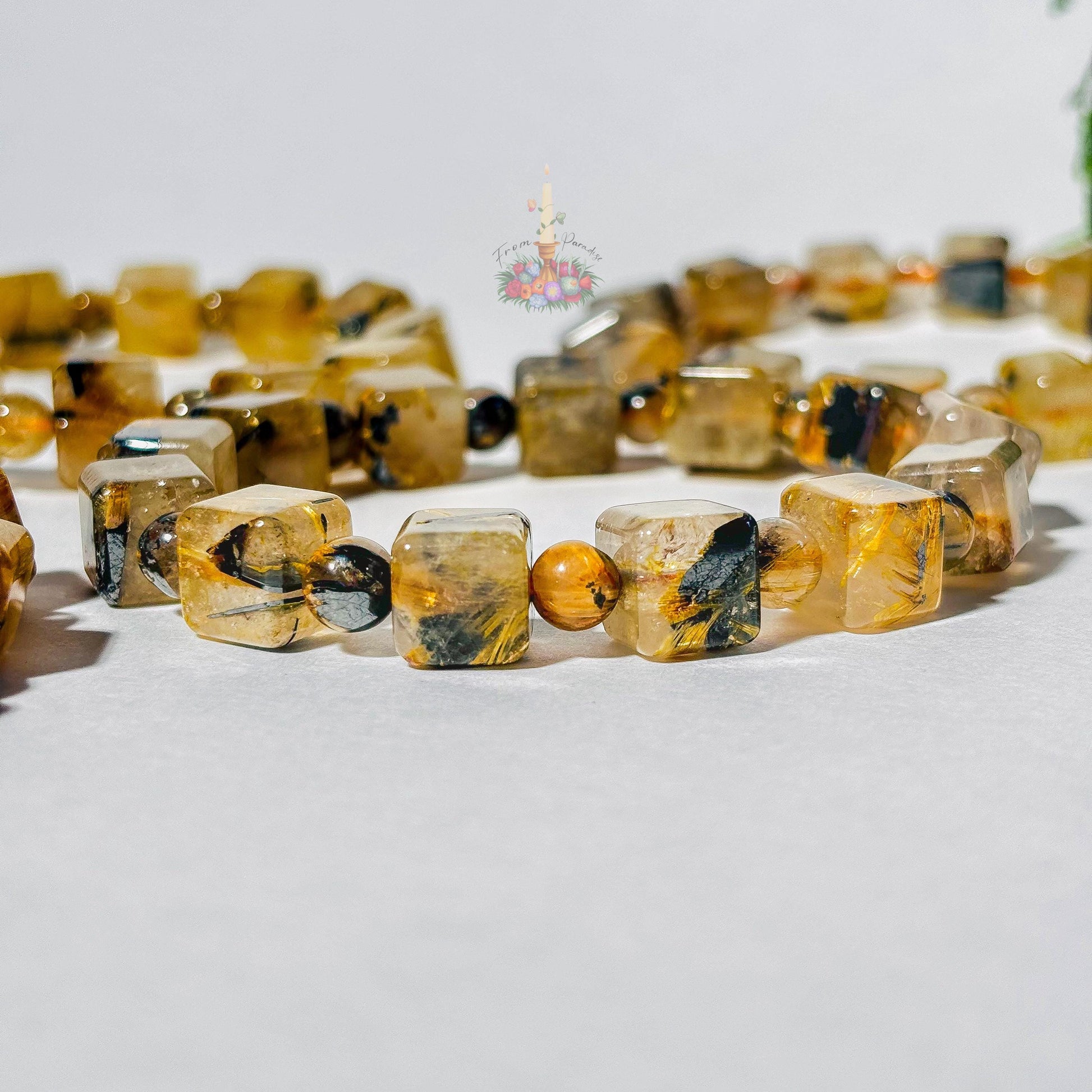 Starburst Rutile Quartz Bracelet | Gold Rutile with Hematite Cube Crystal Bracelet | Rutilated Quartz and Hematite | Stone for Awareness