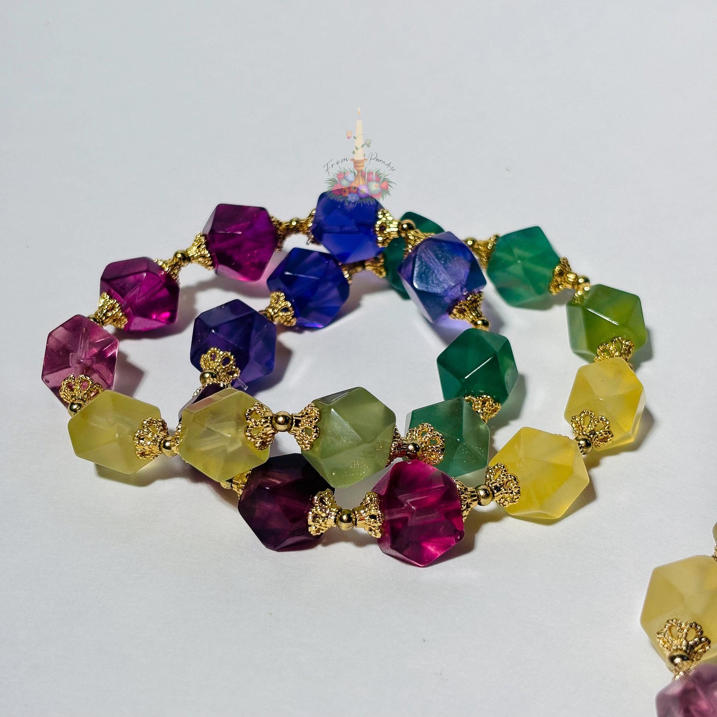 Multicolor Fluorite Bracelet with Gold Accent | Faceted Fluorite Gemstone Bracelet | Purple Green Yellow Fluorite Jewelry | Crystal Bracelet