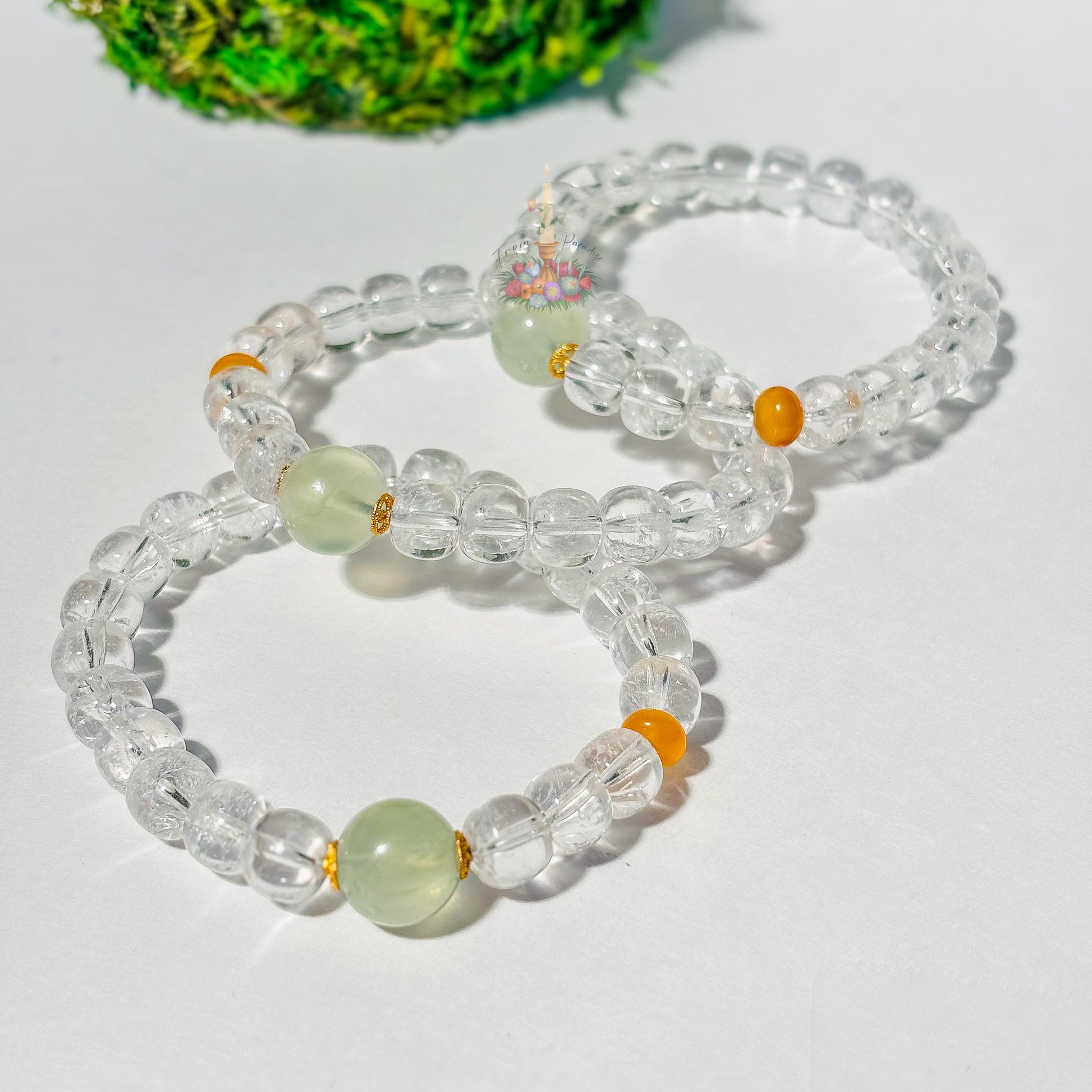 Clear Quartz Prehnite Bracelet with Gold Accents | Quartz Prehnite Honey Resin Crystal Bracelet | Gemstone Jewelry
