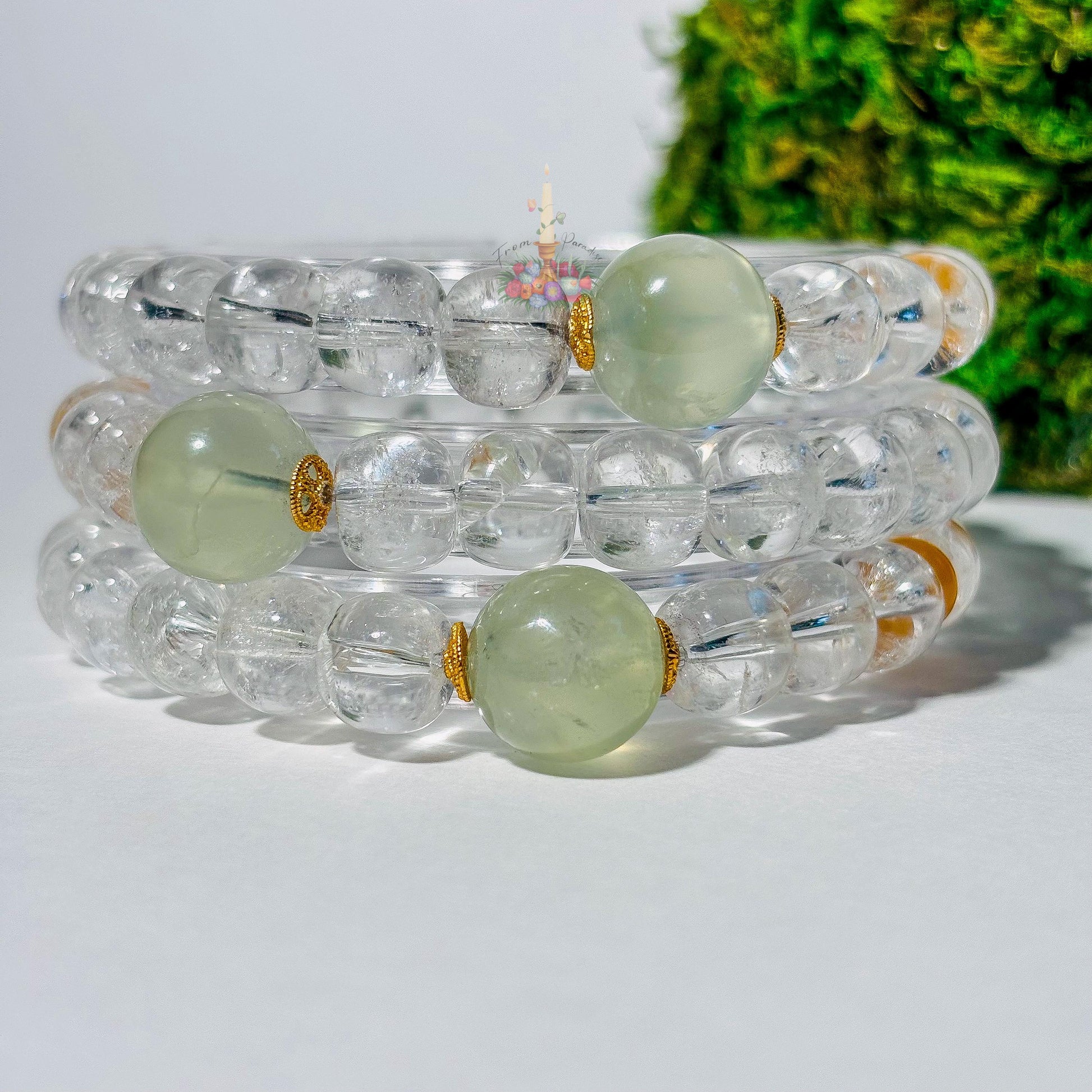Clear Quartz Prehnite Bracelet with Gold Accents | Quartz Prehnite Honey Resin Crystal Bracelet | Gemstone Jewelry