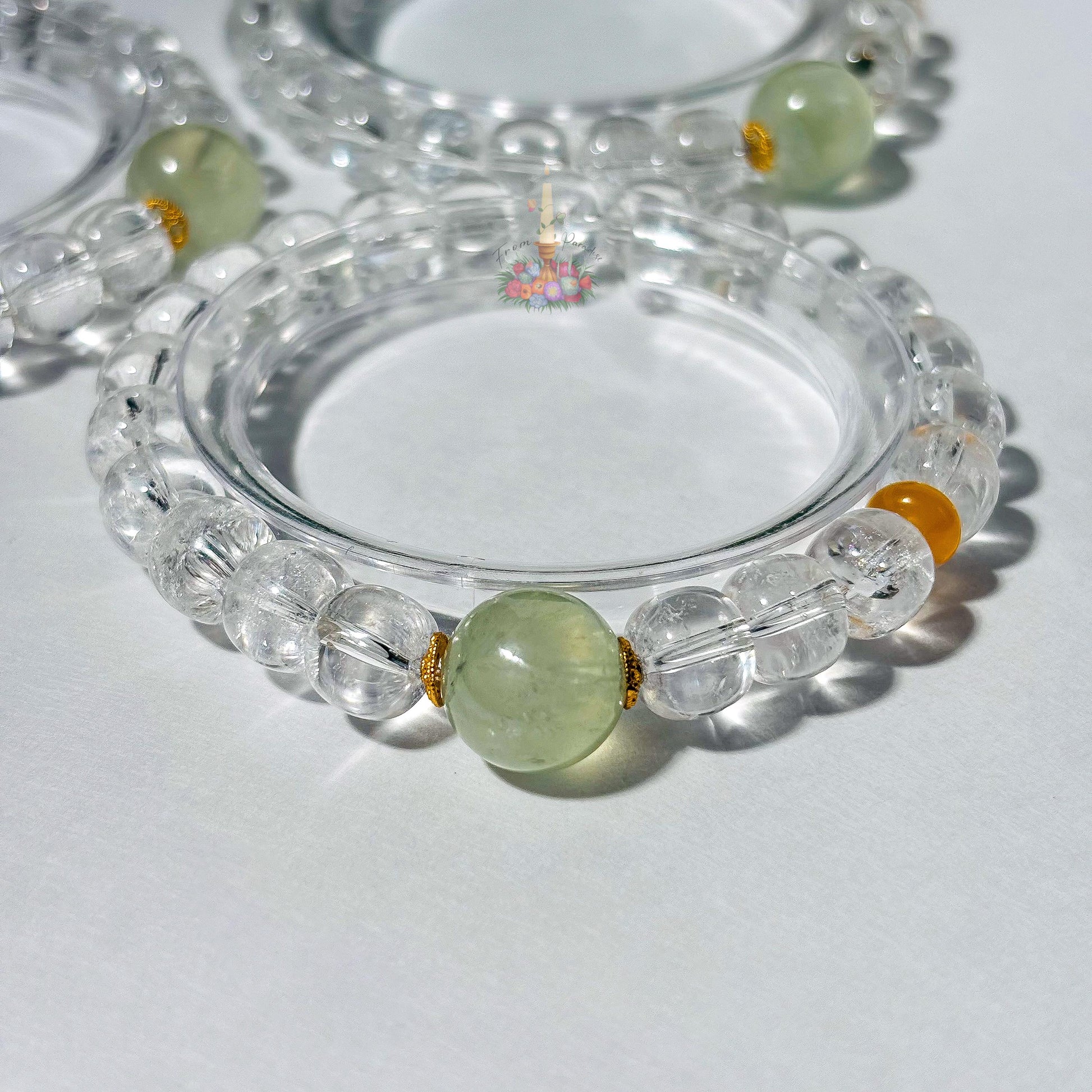 Clear Quartz Prehnite Bracelet with Gold Accents | Quartz Prehnite Honey Resin Crystal Bracelet | Gemstone Jewelry