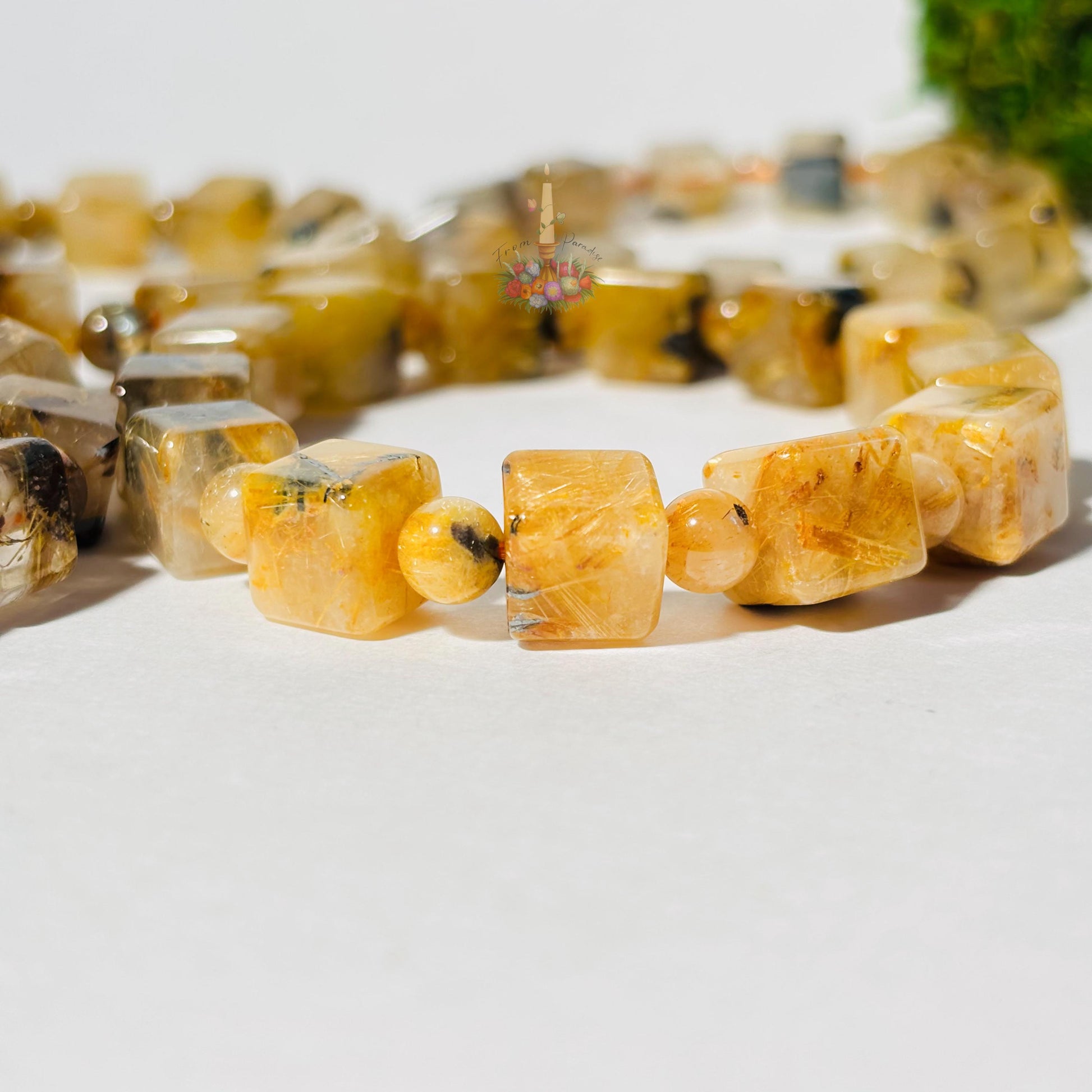 Starburst Rutile Quartz Bracelet | Gold Rutile with Hematite Cube Crystal Bracelet | Rutilated Quartz and Hematite | Stone for Awareness