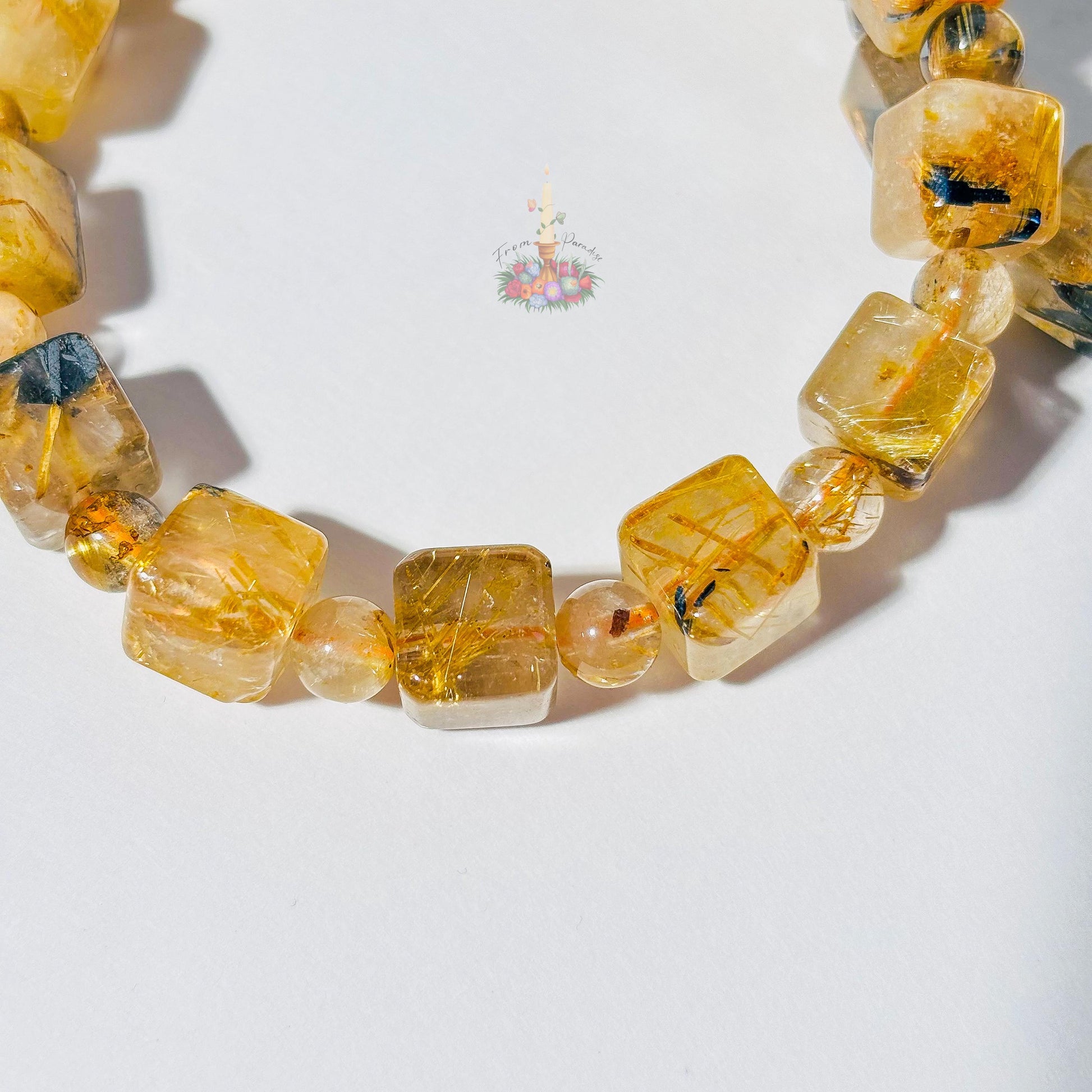 Starburst Rutile Quartz Bracelet | Gold Rutile with Hematite Cube Crystal Bracelet | Rutilated Quartz and Hematite | Stone for Awareness