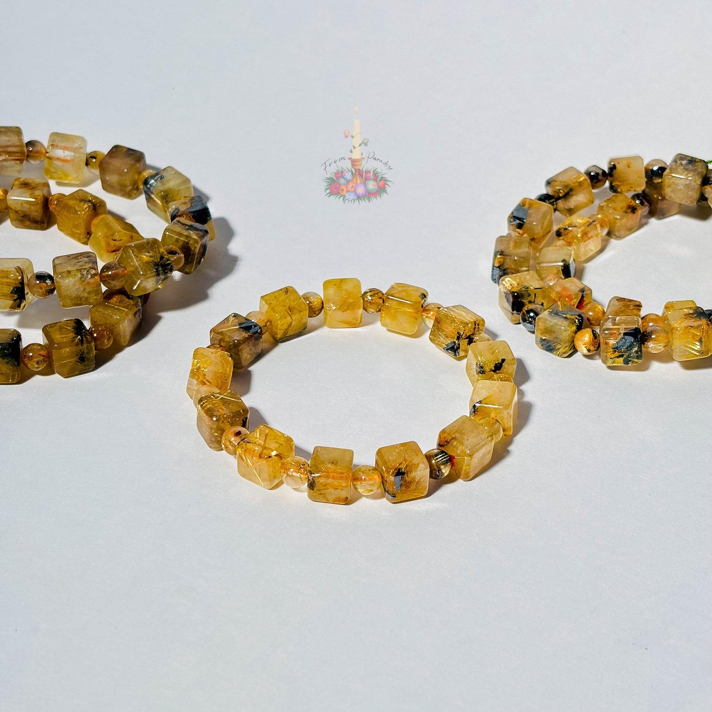Starburst Rutile Quartz Bracelet | Gold Rutile with Hematite Cube Crystal Bracelet | Rutilated Quartz and Hematite | Stone for Awareness