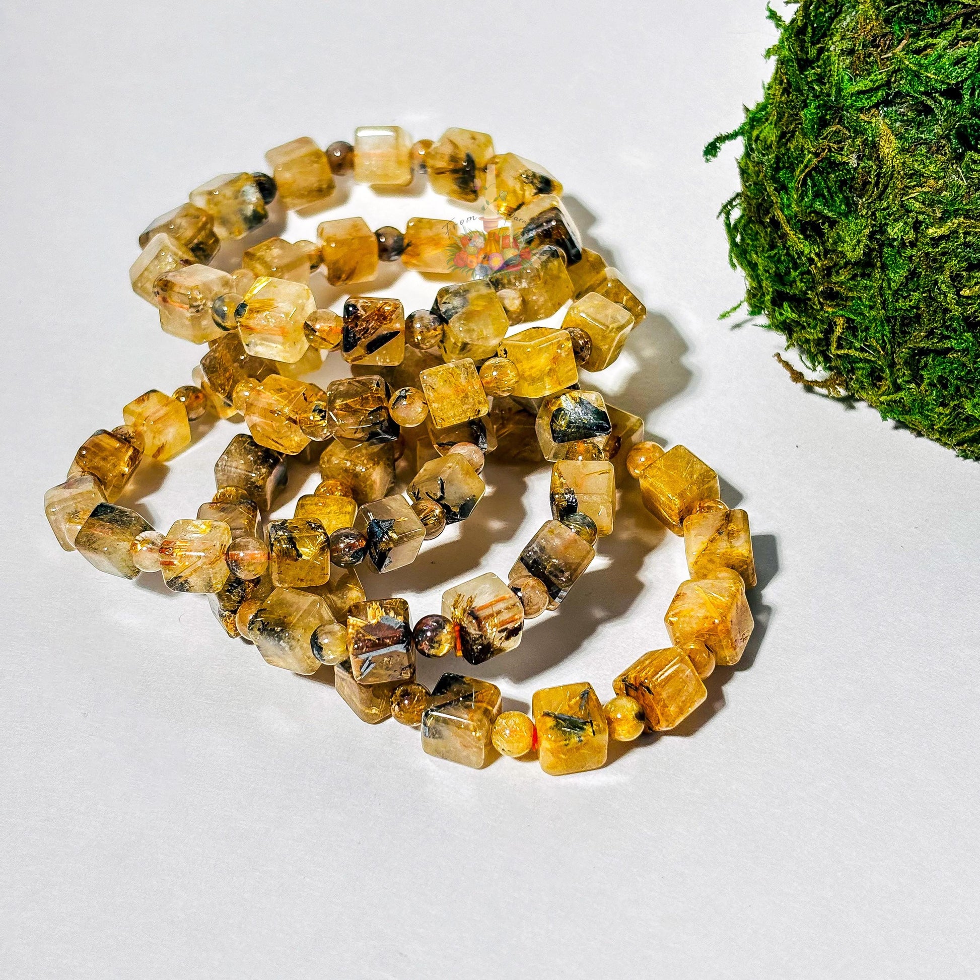 Starburst Rutile Quartz Bracelet | Gold Rutile with Hematite Cube Crystal Bracelet | Rutilated Quartz and Hematite | Stone for Awareness