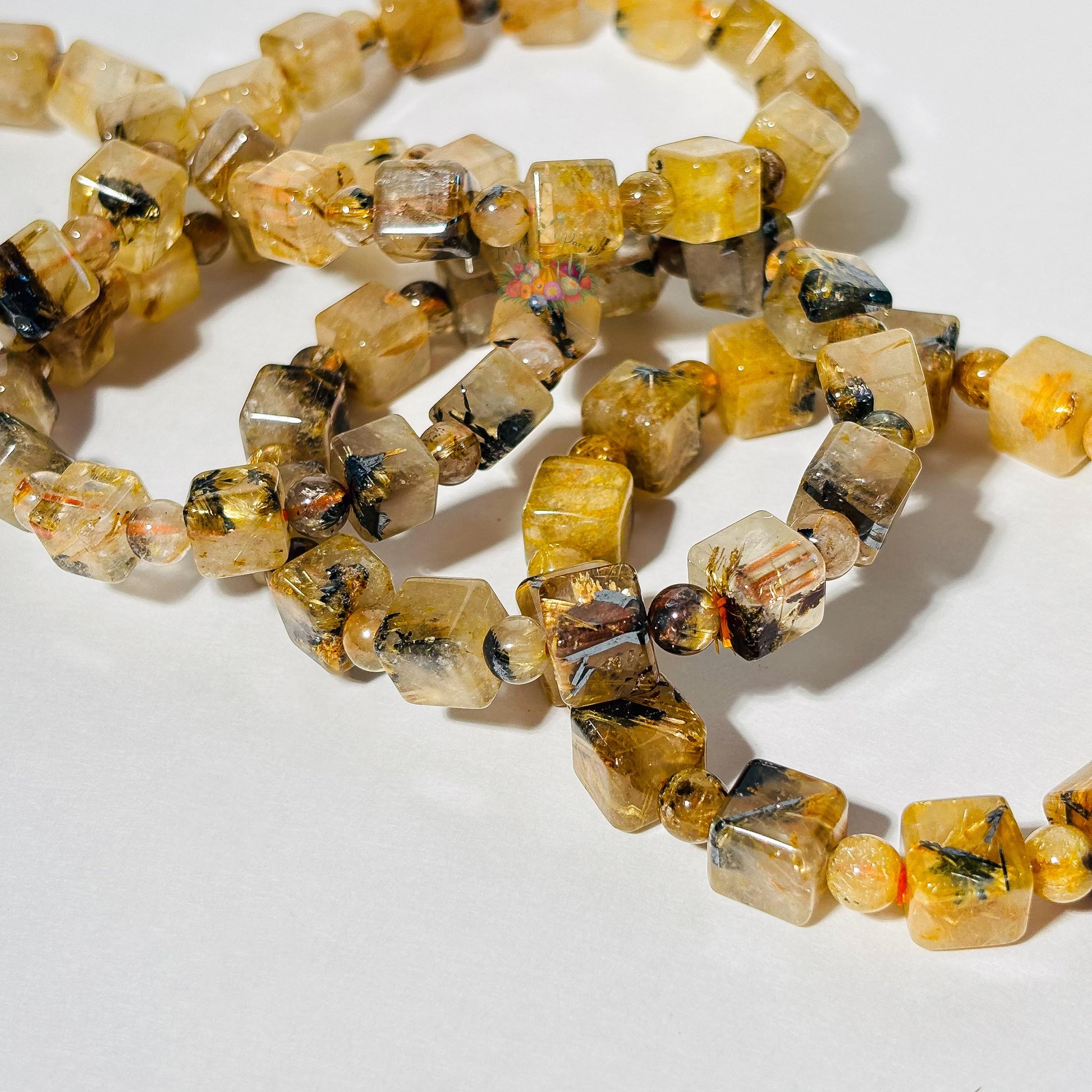 Starburst Rutile Quartz Bracelet | Gold Rutile with Hematite Cube Crystal Bracelet | Rutilated Quartz and Hematite | Stone for Awareness