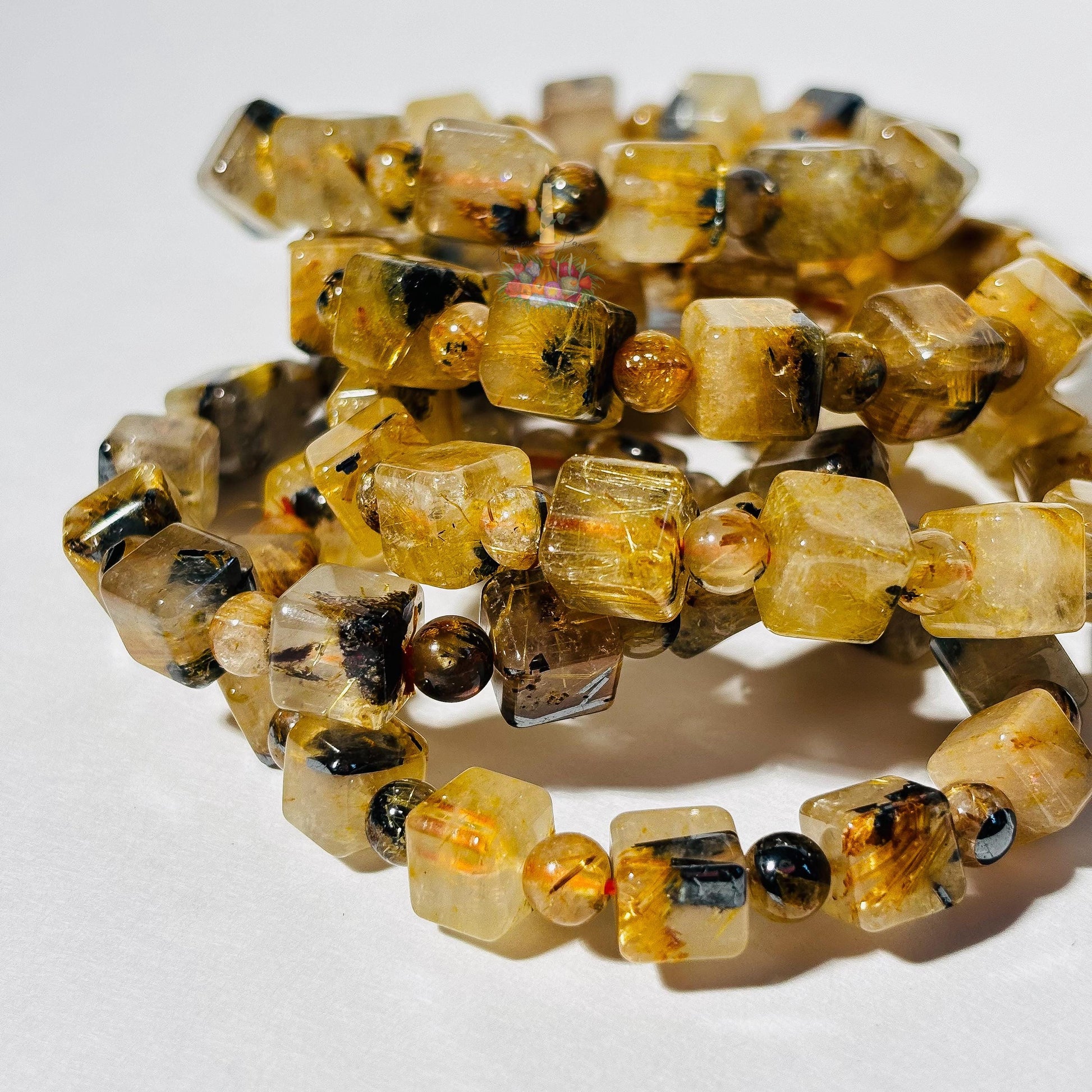 Starburst Rutile Quartz Bracelet | Gold Rutile with Hematite Cube Crystal Bracelet | Rutilated Quartz and Hematite | Stone for Awareness