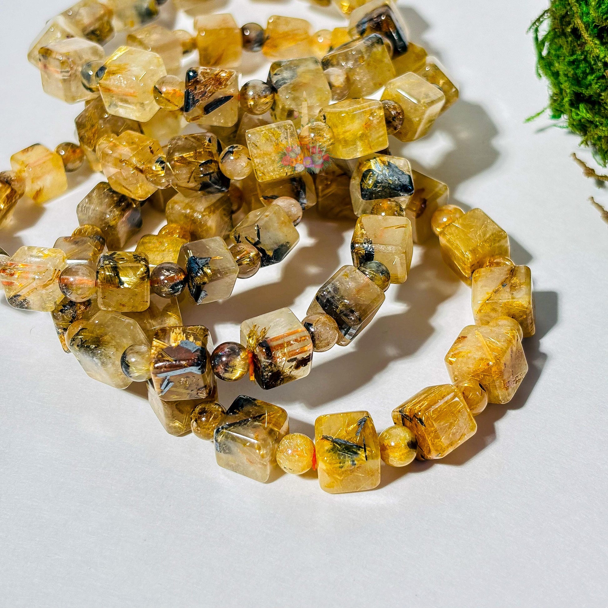 Starburst Rutile Quartz Bracelet | Gold Rutile with Hematite Cube Crystal Bracelet | Rutilated Quartz and Hematite | Stone for Awareness