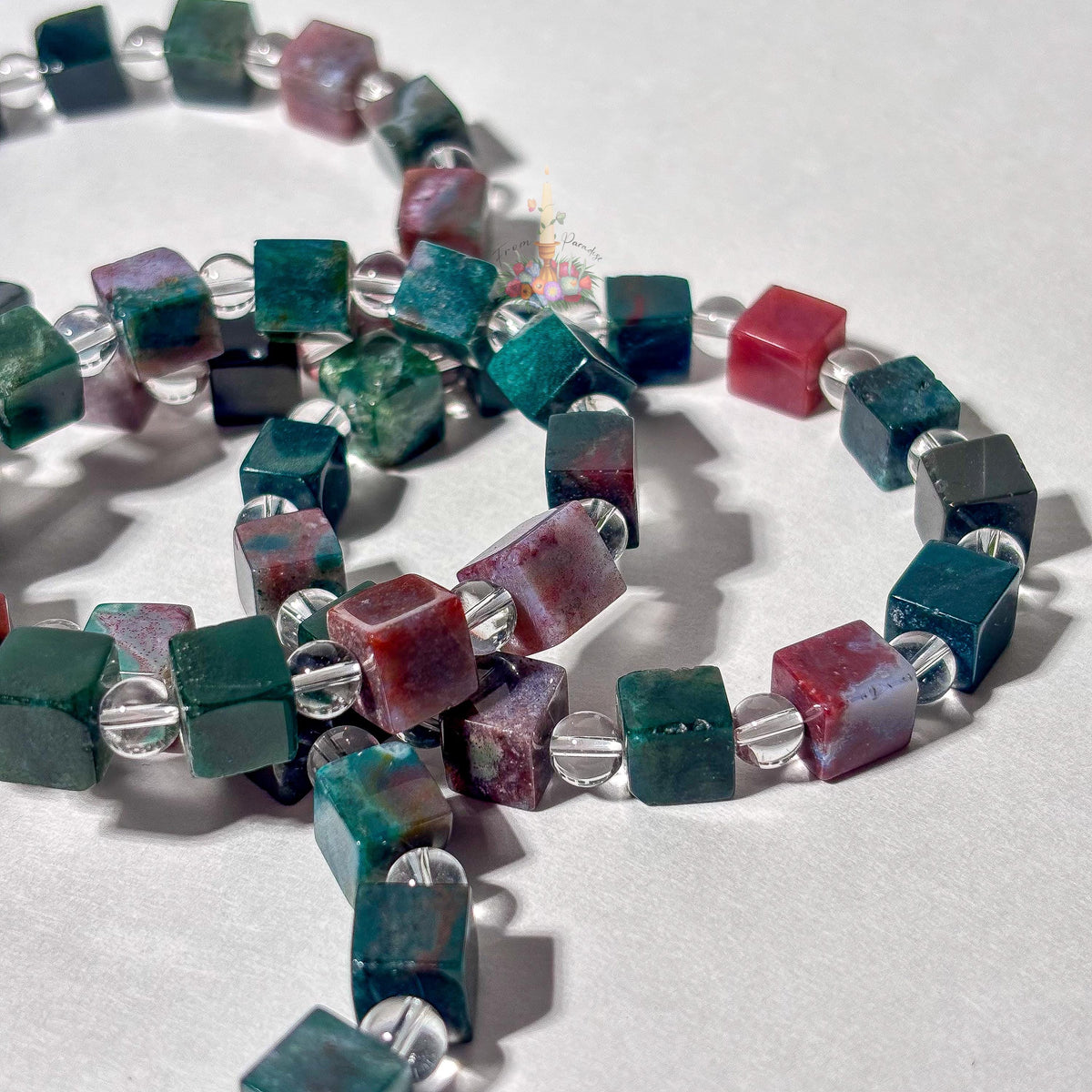 Sea Jasper Cube Bracelet with Clear Quartz Round Beads
