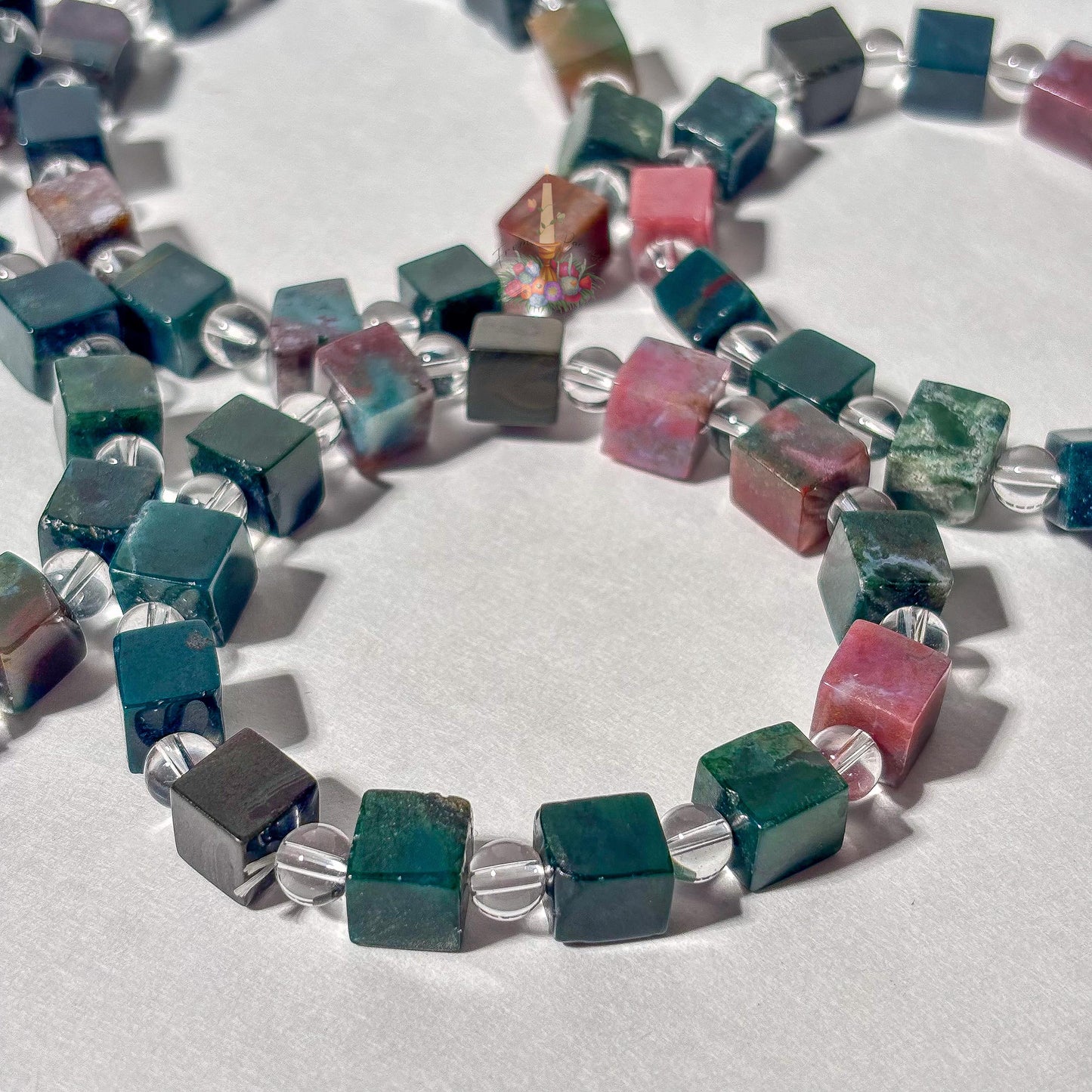 Sea Jasper Cube Bracelet with Clear Quartz Round Beads