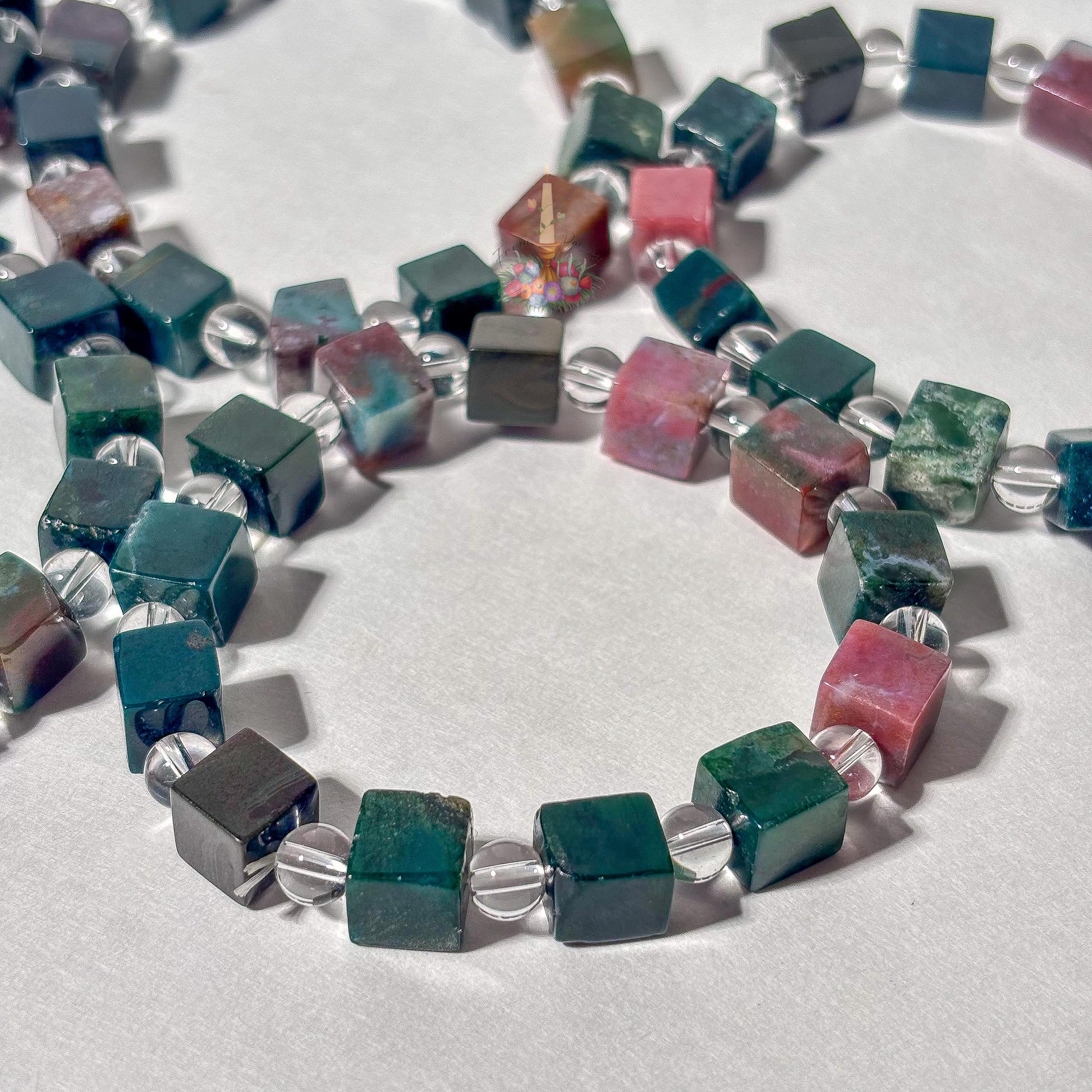 Sea Jasper Cube Bracelet with Clear Quartz Round Beads
